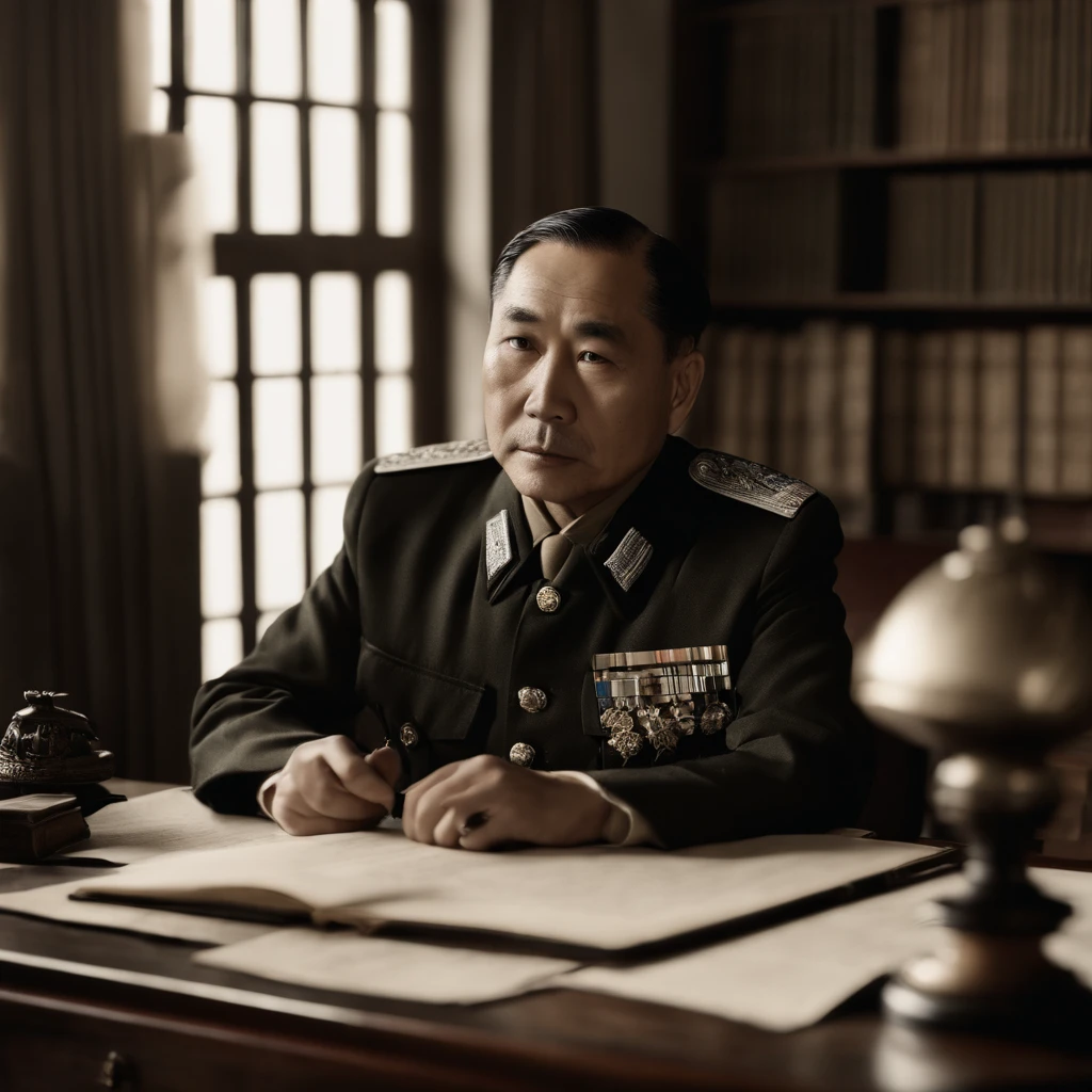 (best quality,4k,8k,highres,masterpiece:1.2), ultra-detailed, (realistic,photorealistic,photo-realistic:1.37), General Iwane Matsui in his office in Nanjing in 1937, historical photograph, black and white, vintage texture, aged paper, antique, distinguished general, military uniform, stern expression, thoughtful eyes, neatly combed hair, officers' caps, military decorations, wooden desk, leather chair, bookshelves, maps on the wall, world map, war strategy books, inkwell, quill pen, typewriter, stack of documents, historic significance, important moment in history, solemn atmosphere, dimly lit room.