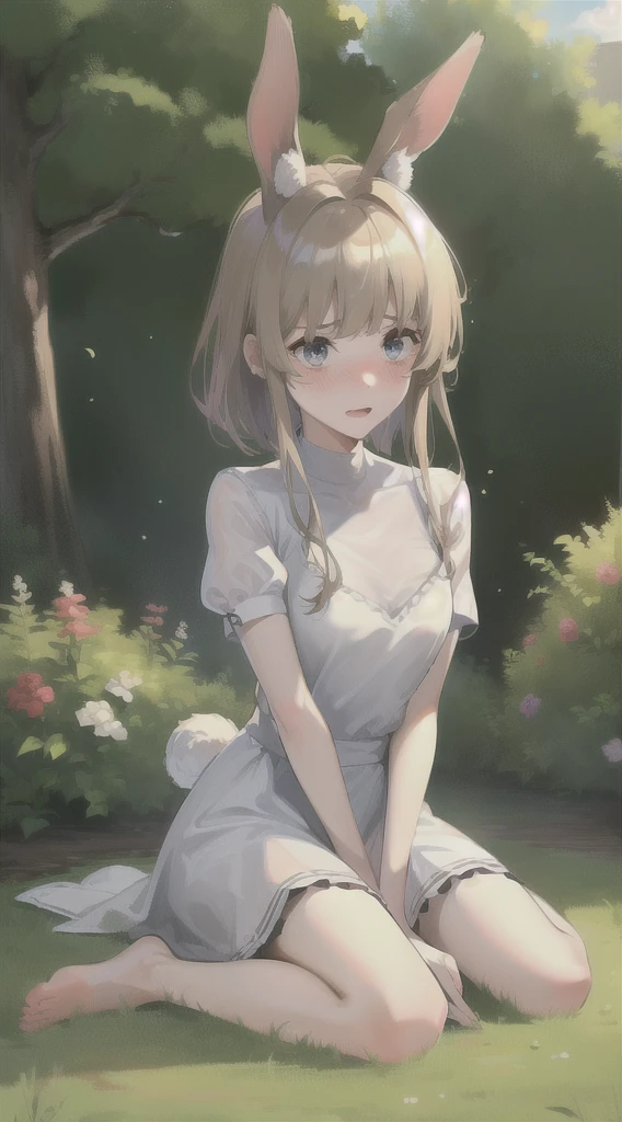 ((masterpiece, best quality)),1girl, solo, animal ears, rabbit, barefoot, skirt, sitting, rabbit ears, short sleeves, (teasing, shy, blushing: 1.3), looking at the audience, grass, short hair, gray hair, puff sleeves, outdoors, fluffy short sleeves, bangs, on the ground, full body, animal, white dress, sunlight, brown eyes, mottled sunlight, daytime, magical girl