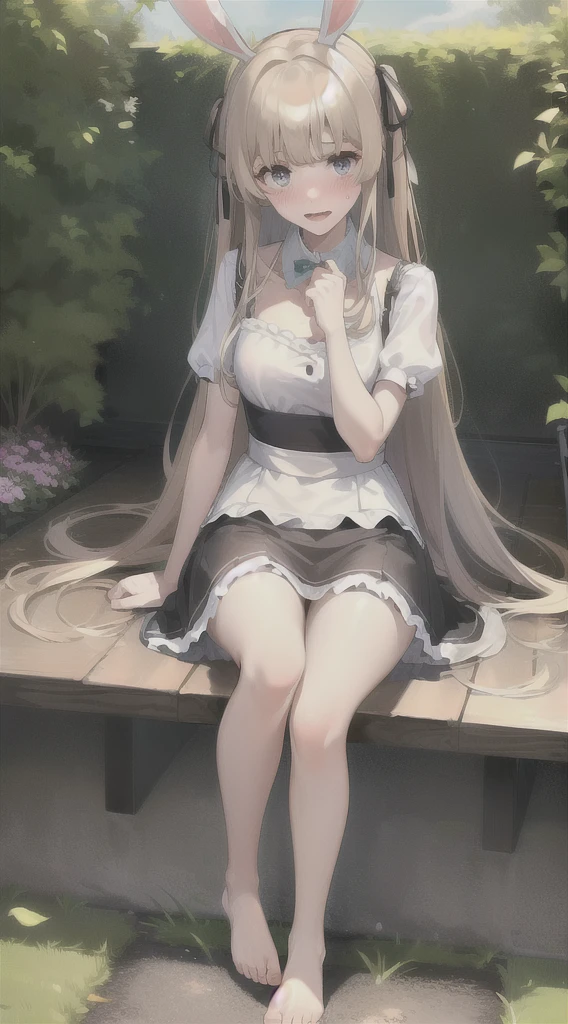 ((masterpiece, best quality)),1girl, solo, animal ears, rabbit, barefoot, skirt, sitting, rabbit ears, short sleeves, (teasing, shy, blushing: 1.3), looking at the audience, grass, short hair, gray hair, puff sleeves, outdoors, fluffy short sleeves, bangs, on the ground, full body, animal, white dress, sunlight, brown eyes, mottled sunlight, daytime, magical girl 