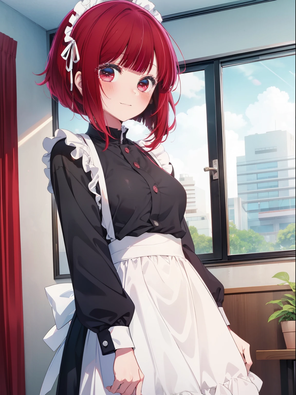 Arima Kana、Good looking girl (Red hair with square bangs、blush, Perfect Face), independent , Looking at the camera, masterpiece, Anime art style, Cute Characters, Most detailed, high quality、Nico Nico Smile、Wear cute clothes、Live Play、Maid clothes