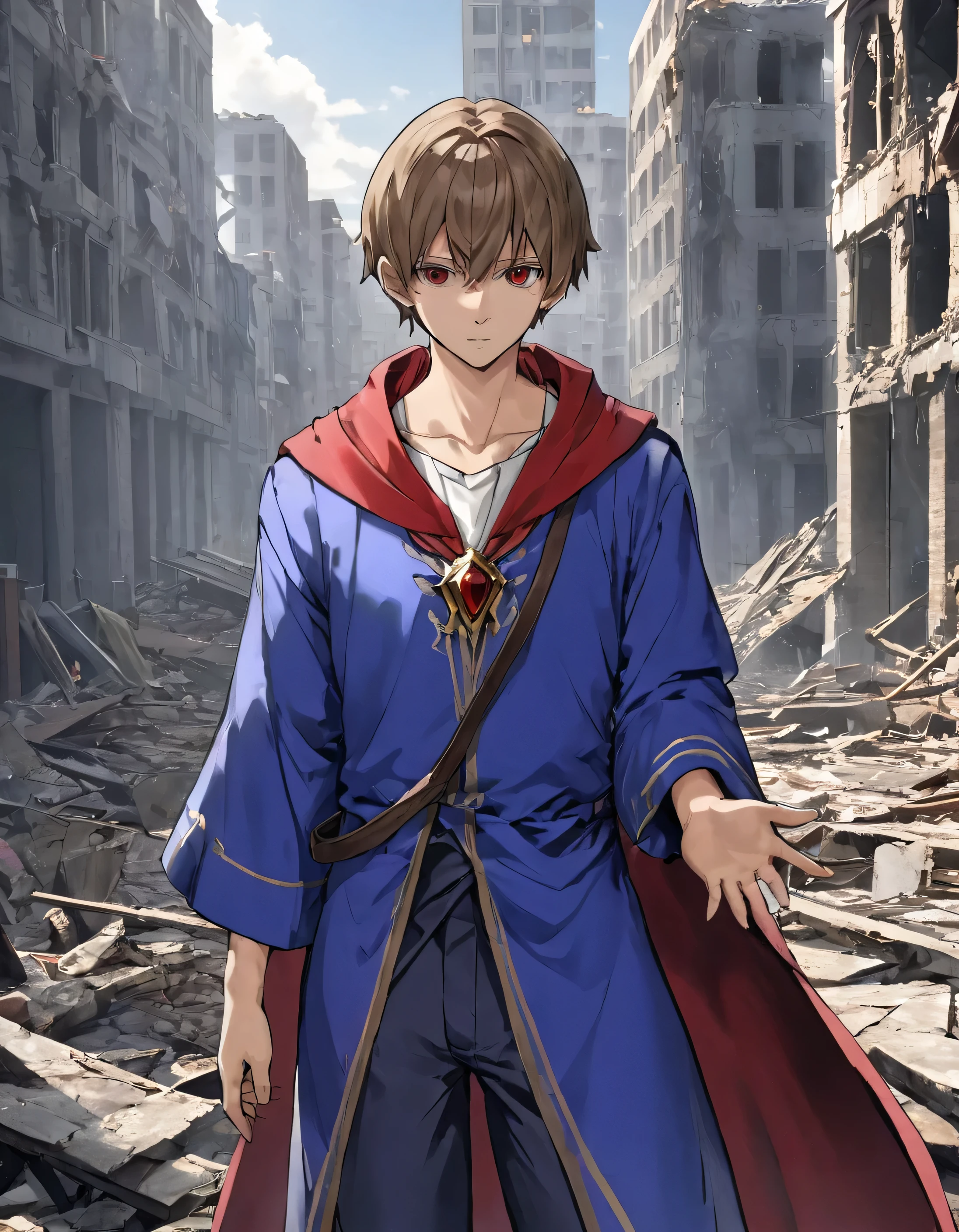1man, light brown hair, red eyes, wearing magician clothes red sleeves, blue pants, blue robe, standing in a destroyed city, male protagonist, absurdres, high res, ultrasharp, 8K, masterpiece, looking at viewer