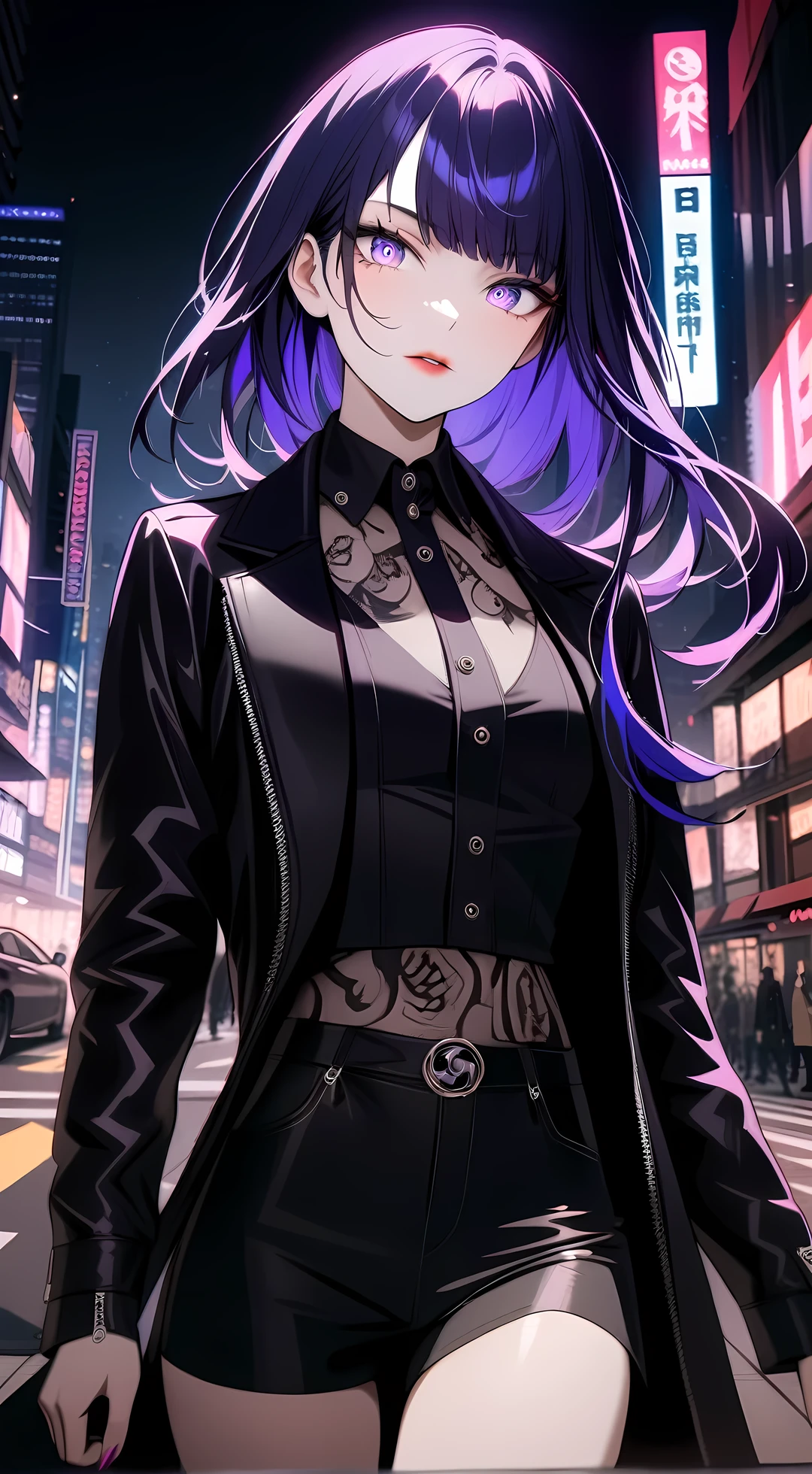 raiden shogun,solo,1 girl,tattoo, mafia boss, (wear mafia clothes:1.5),, evil aura, villain,night city, ultra-detailed,beautiful detailed eyes,beautiful detailed lips,extremely detailed eyes and face,modern hairstyle