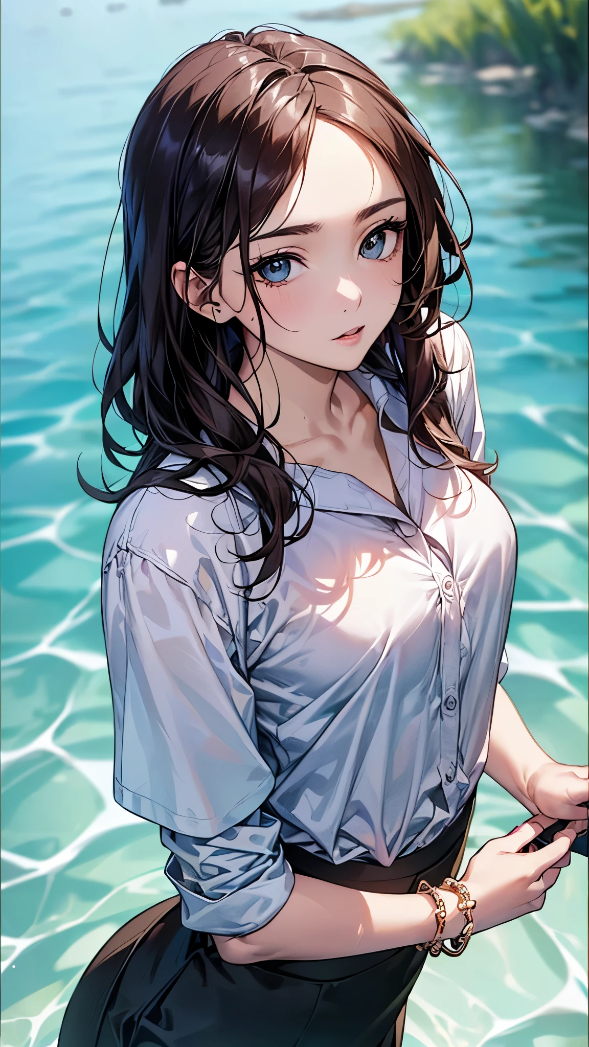 ((Biologically correct limb count))、(( whole body including face))、4K、Masterpiece、((Focus on the face))、((Symmetrical, well-proportioned facial features))、Eyes with delicate depictions、(((1 person)))、Beautiful woman、Outstanding style、Slender Body、(High heels with anklets、Shiny Stockings)、(((shirt、Checked skirt)))、(((White frame photo)))、((Looking up))、Shy、(((Riverside、Stand on the surface of the water)))、(((Close-up photo of the upper body)))、High angle、night、