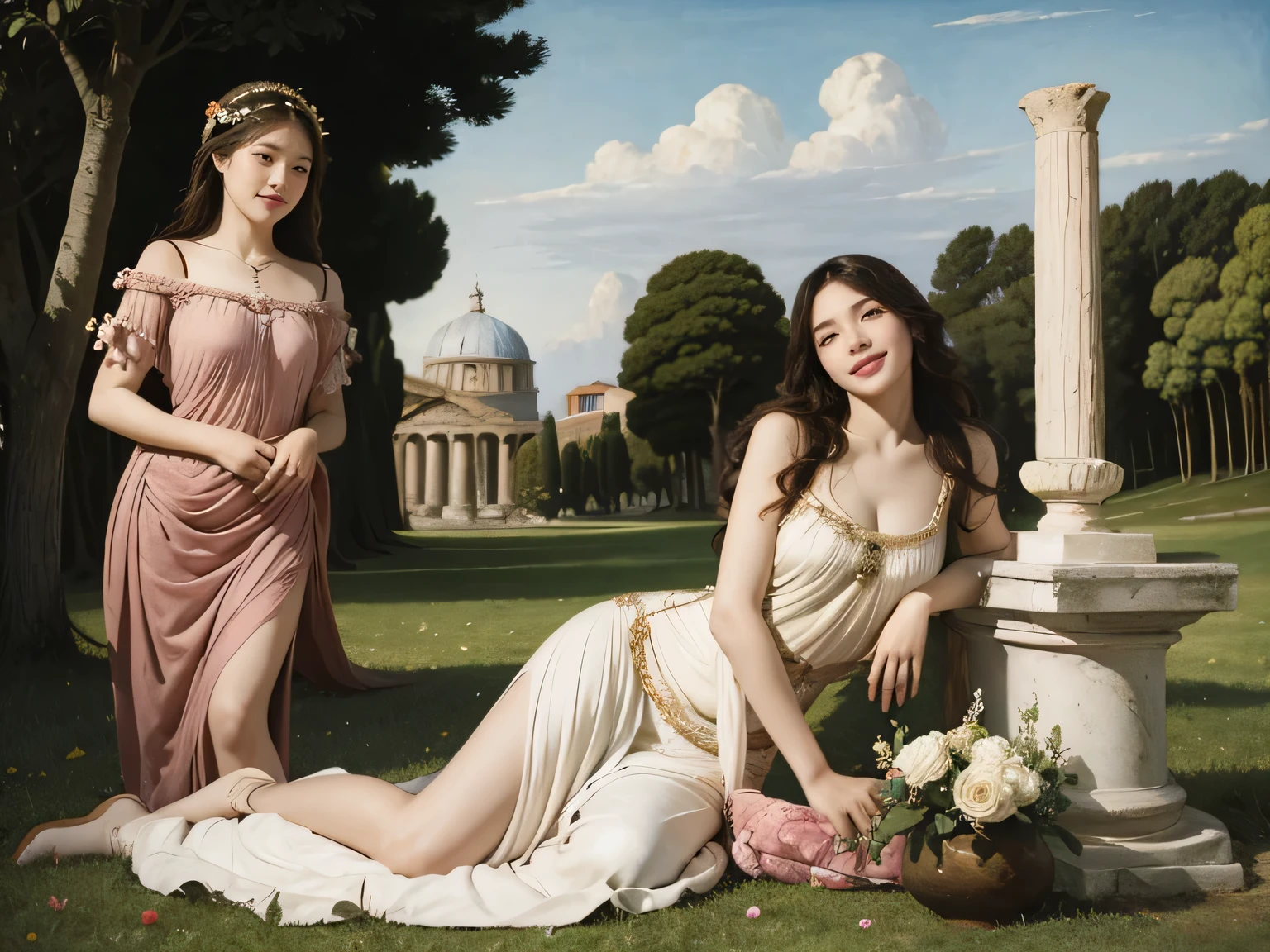 full body portrait or statue、Sandro Botticelli painting style,Arguments of two female Philosophe,math、astronomical machine、astronaut、roses in vase、fruits、Cute trinkets、smile、ancient greek costume、Ancient Roman landscape in the style of Nicolas Poussin,laughter,,Sweet and seductive appearance.、Caravaggio's paintings、Chiaroscuro of Caravaggio、hair tousled by the wind,Two women frolicking,cute smile, expression of ecstasy,Sexy,erotic