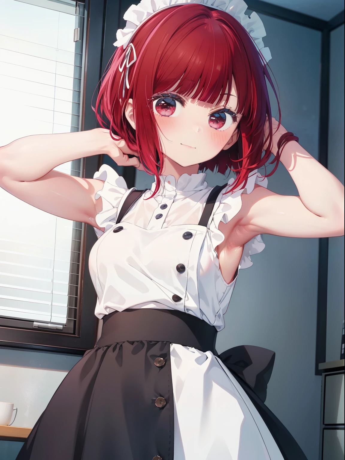 Arima Kana、Good looking girl (Red hair with square bangs、blush, Perfect Face), independent , Looking at the camera, masterpiece, Anime art style, Cute Characters, Most detailed, high quality、Nico Nico Smile、Wear cute clothes、Live Play、Maid clothes、Showing armpits