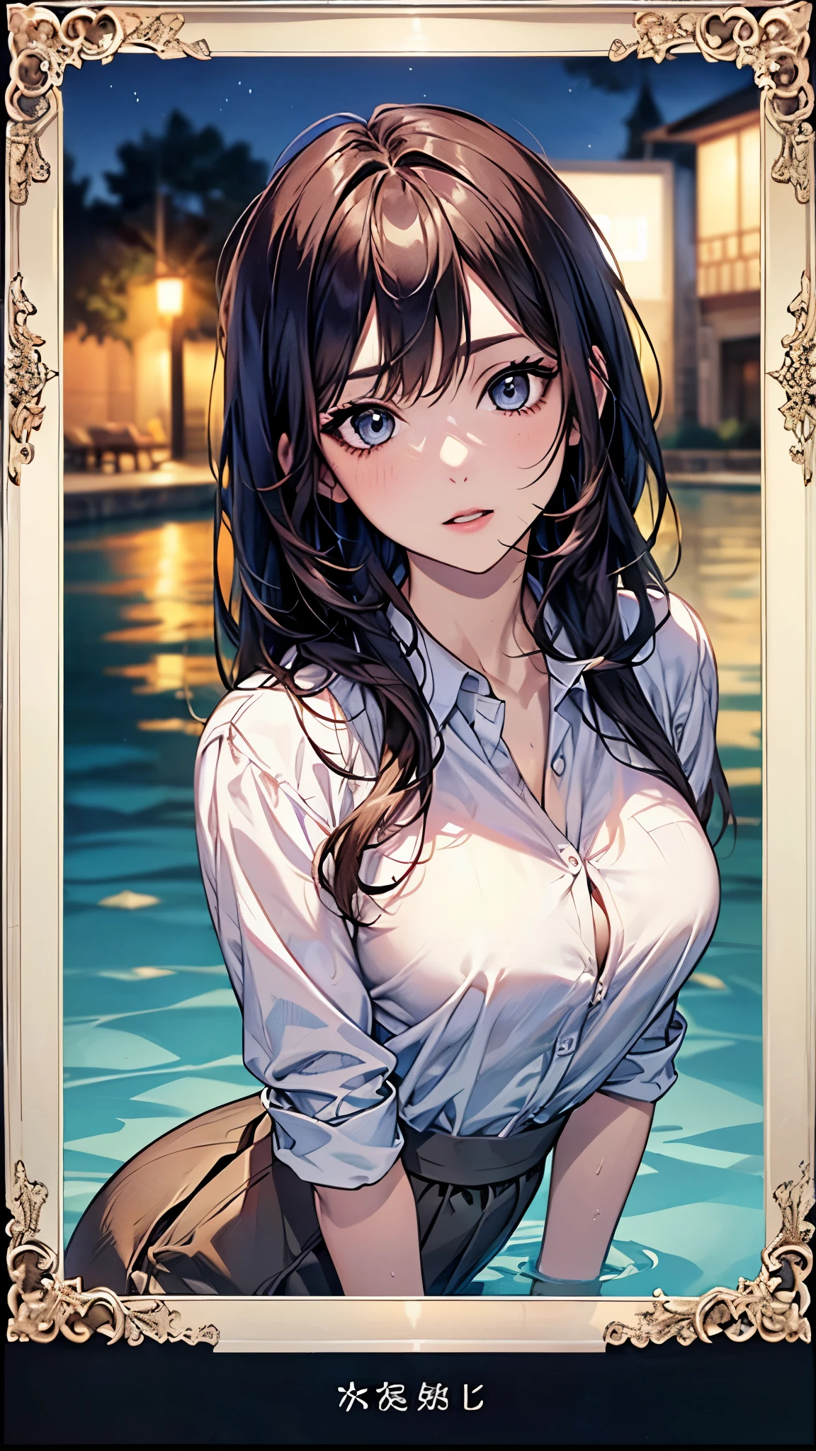((Biologically correct limb count))、(( whole body including face))、4K、Masterpiece、((Focus on the face))、((Symmetrical, well-proportioned facial features))、Eyes with delicate depictions、(((1 person)))、Beautiful woman、Outstanding style、Slender Body、(High heels with anklets、Shiny Stockings)、(((shirt、Checked skirt)))、(((White frame photo)))、((Looking up))、Shy、(((Riverside、Stand on the surface of the water)))、(((Close-up photo of the upper body)))、High angle、night、
