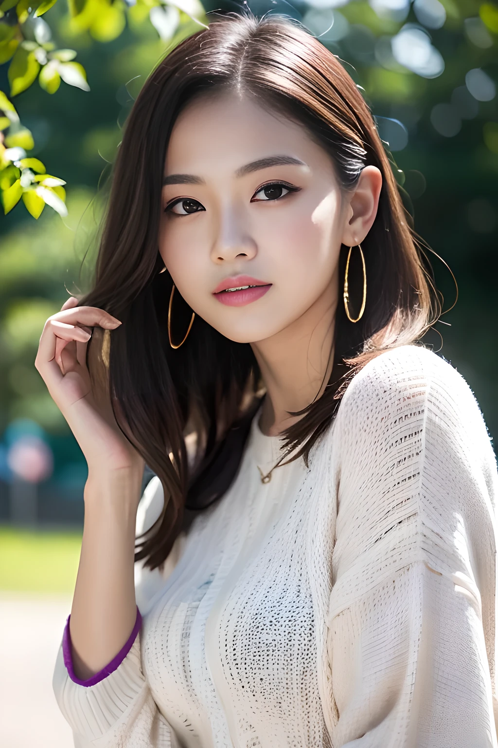 (8k,RAW Photos、RAW Photos、highest quality、Masterpiece:1.2)、Ultra-detailed、Super Resolution、(Photorealistic:1.3)、Frontal shooting angle、Clearly depict the shadows of light、High-resolution RAW color photos、Professional photography、Same skin type as humans、Japan female proofreading from head to waist、Blur the background、Drawing faithful to anatomy、Very detailed and beautiful、Ultra HD、length、Her hair is swinging and sexy、Very detailed beautiful girl、(Pink Eyeshadow)、smile、Private Server、Go to the park on a sunny day、loosely curled hair、sweater、wave hands、Earrings、