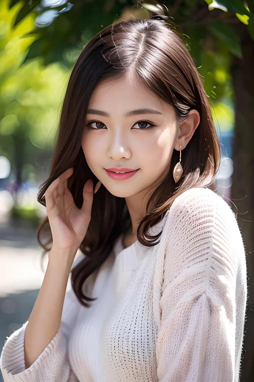 (8k,RAW Photos、RAW Photos、highest quality、Masterpiece:1.2)、Ultra-detailed、Super Resolution、(Photorealistic:1.3)、Frontal shooting angle、Clearly depict the shadows of light、High-resolution RAW color photos、Professional photography、Same skin type as humans、Japan female proofreading from head to waist、Blur the background、Drawing faithful to anatomy、Very detailed and beautiful、Ultra HD、length、Her hair is swinging and sexy、Very detailed beautiful girl、(Pink Eyeshadow)、smile、Private Server、Go to the park on a sunny day、loosely curled hair、sweater、wave hands、Earrings、