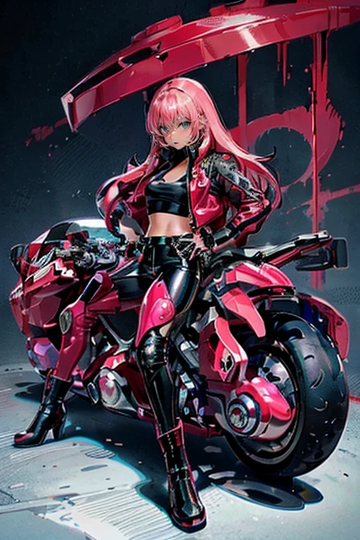 1lady and bike,cool bike,beautiful bike,fantastic bike,she has pink hair and long hair,black leather jacket and red leather pants,dark boots,she ride a bike,dynamic