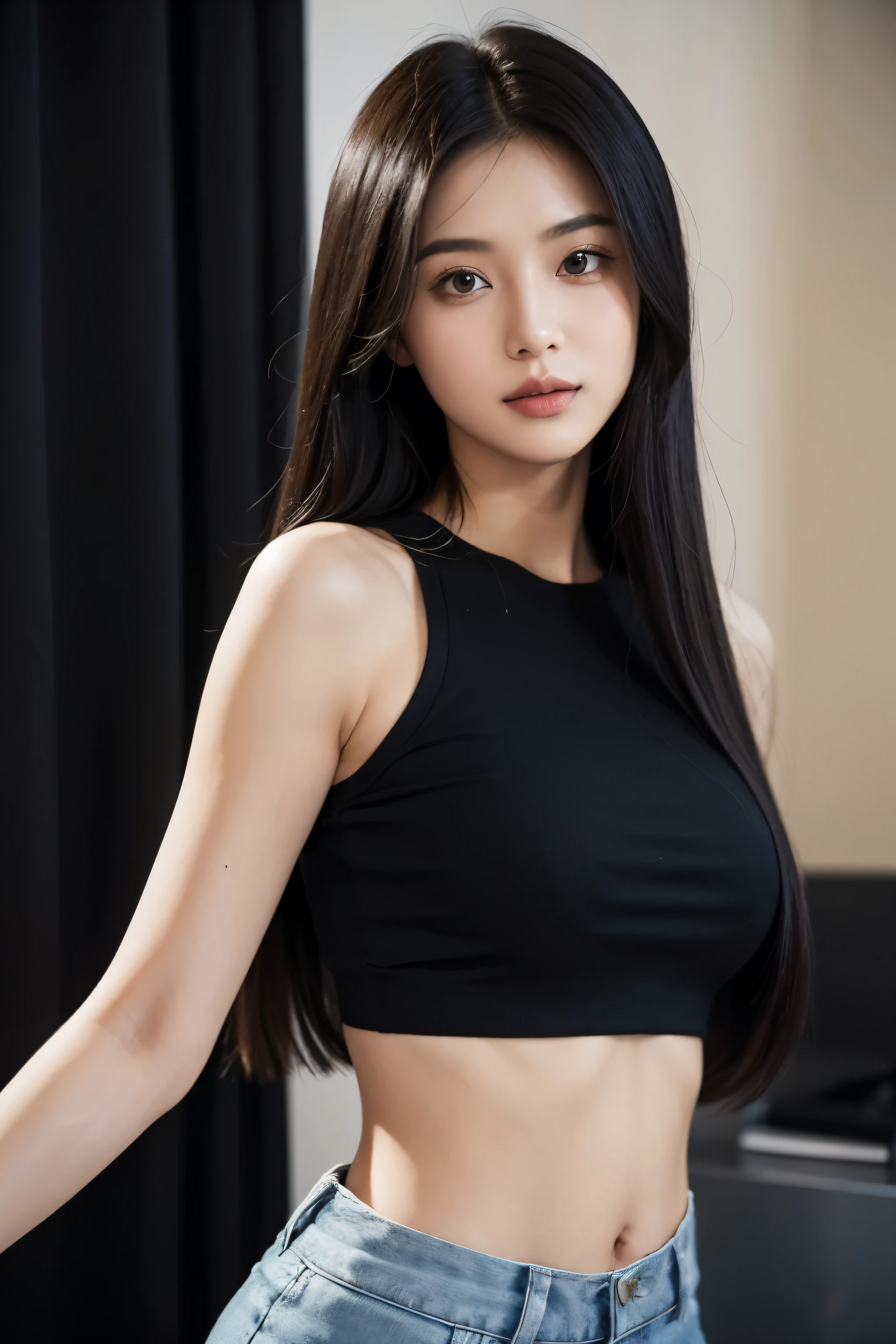 a woman in a black crop top, long hair