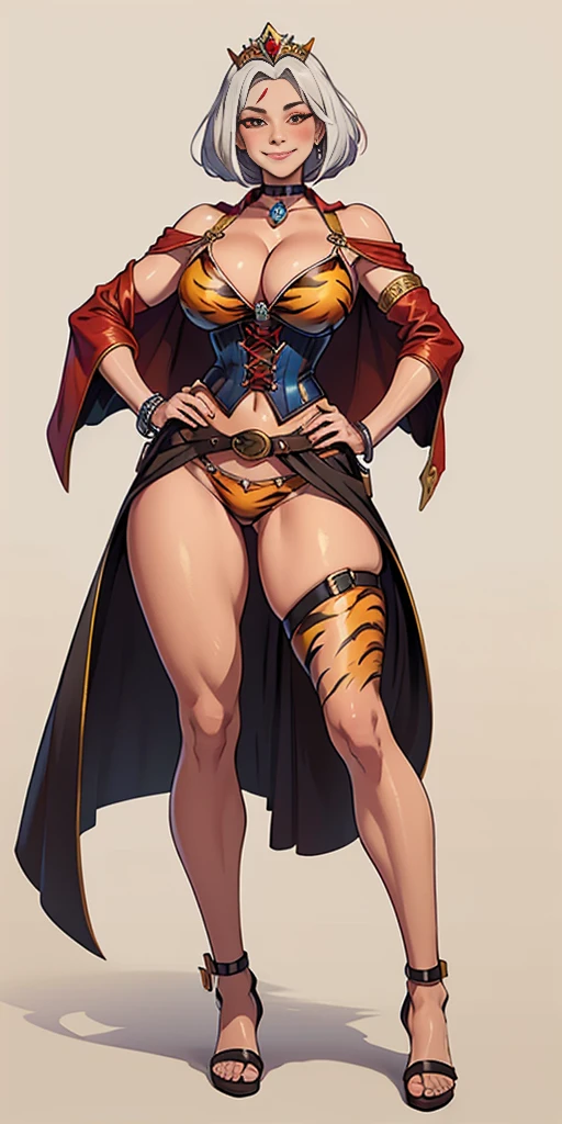 ((Masterpiece plain background,1:2, masterpiece)) full body MILF BIMBO standing with two long yellow tiger print stockings thighs and two high heels, red eyes, silver white hair, short bob style hair, big breasts, cleavage, separate sleeves yellow tiger print, tiara royal, long cape up to two feet, yellow tiger bikini print, hands on waist, navel, lustful smirking smiling, smile face (red blushed, red cheeks) metal shoulders, armbands, black leather choker slave collar, shackle bracelets, slave red crest, full body MILF BIMBO standing with two long thighs and two metal sandals, red eyes, silver white hair, short bob hair, big knockers, cleavage, separate sleeves, tiara royal, long cape up to two feet, yellow bikini, hands on hips, metal shoulders, armbands, black leather choker collar, shackles bracelets, slave red crest, pauldrons, breastplate, leather corset, full body, whole body, 1solo, loincloth standing, hands on hips, metal sandals, choker, big belt, view from below, feet together, bracers, tiara, standing contrapposto straight symmetrical looking to viewer