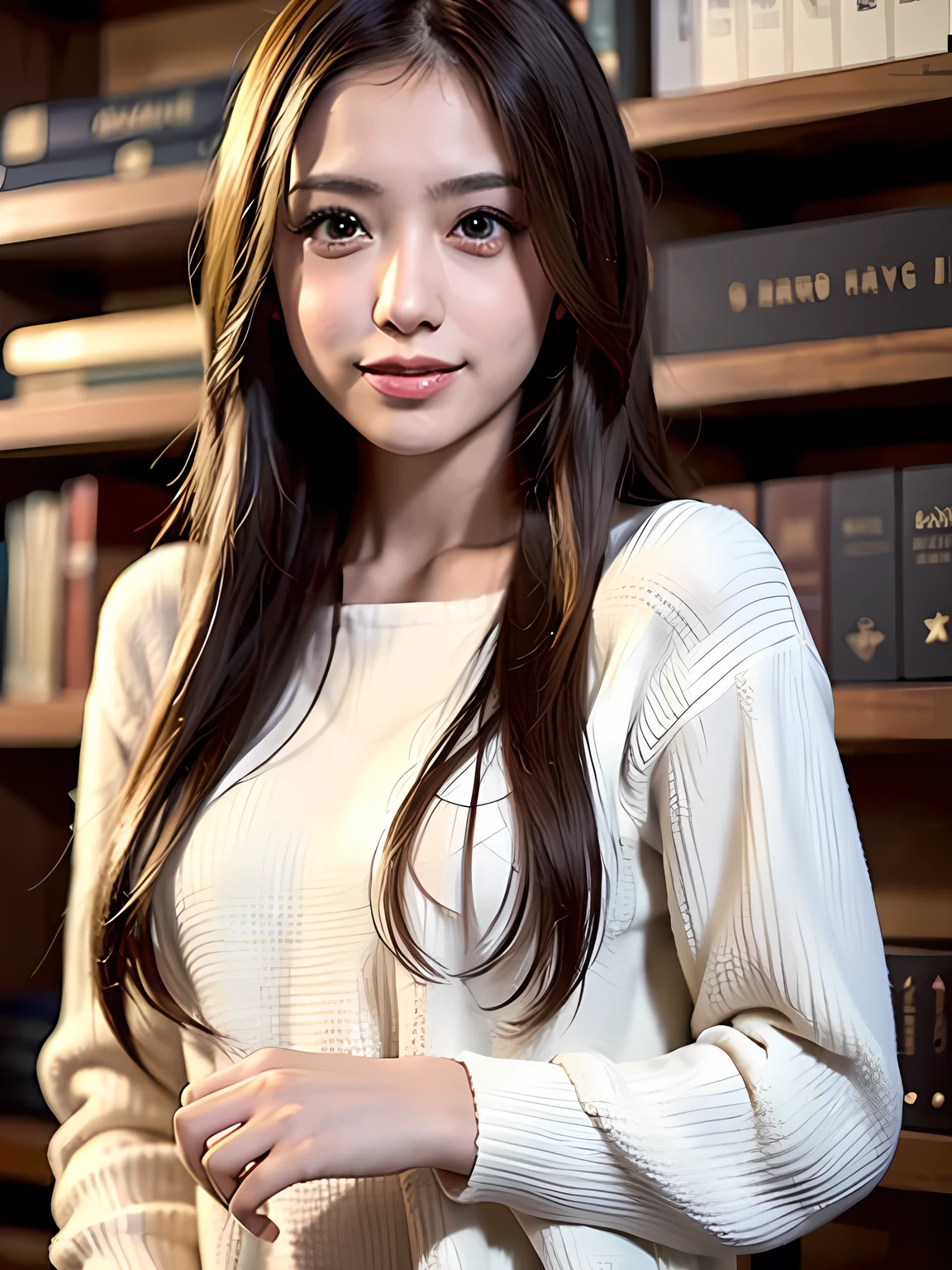 (RAW Photos,Realistic, Photorealistic: 1.4, masterpiece, highest quality), 8k, 1. Beautiful Japanese Women, alone, 20-year-old, Cute Smile, Fairly medium-sized breasts, Beautifully detailed round eyes, Droopy Eyes 1.3, (Blonde and dark brown mixed hair:1.2), Long Wavy Hair, (Highly detailed face and skin texture), Dress calmly and study in the library,
