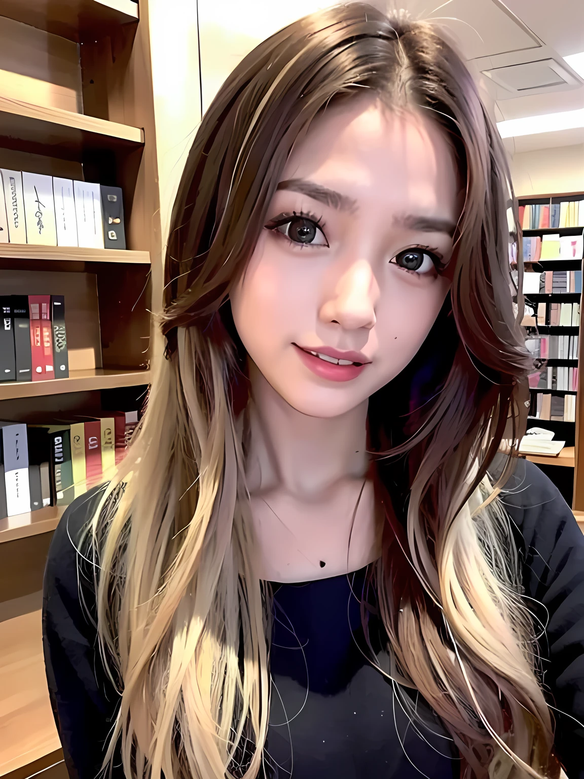 (RAW Photos,Realistic, Photorealistic: 1.4, masterpiece, highest quality), 8k, 1. Beautiful Japanese Women, alone, 20-year-old, Cute Smile, Fairly medium-sized breasts, Beautifully detailed round eyes, Droopy Eyes 1.3, (Blonde and dark brown mixed hair:1.2), Long Wavy Hair, (Highly detailed face and skin texture), Dress calmly and study in the library,