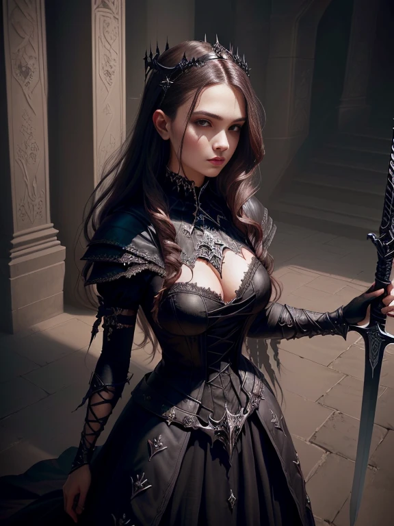 Close-up of a woman in a dress holding a sword, Horrific morphology、dark Fantasy style art, gothic fantasy art, Dark Fantasy Art, in style of Dark Fantasy Art, Fantasy style art, Dark Fantasy Artwork, Dark fantasy horror art, 4k fantasy art, Fantasy Dark Art, Epic fantasy digital art style, fantasy victorian art, epic fantasy art portrait