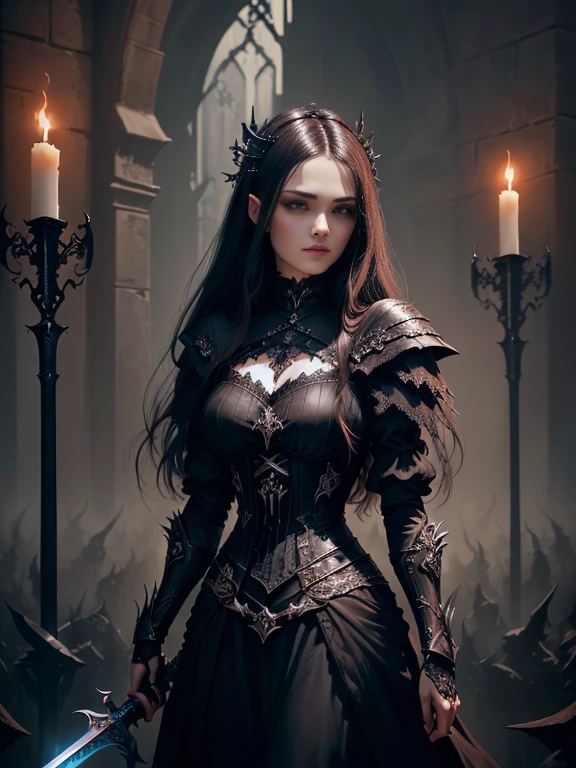 Close-up of a woman in a dress holding a sword, Horrific morphology、dark Fantasy style art, gothic fantasy art, Dark Fantasy Art, in style of Dark Fantasy Art, Fantasy style art, Dark Fantasy Artwork, Dark fantasy horror art, 4k fantasy art, Fantasy Dark Art, Epic fantasy digital art style, fantasy victorian art, epic fantasy art portrait