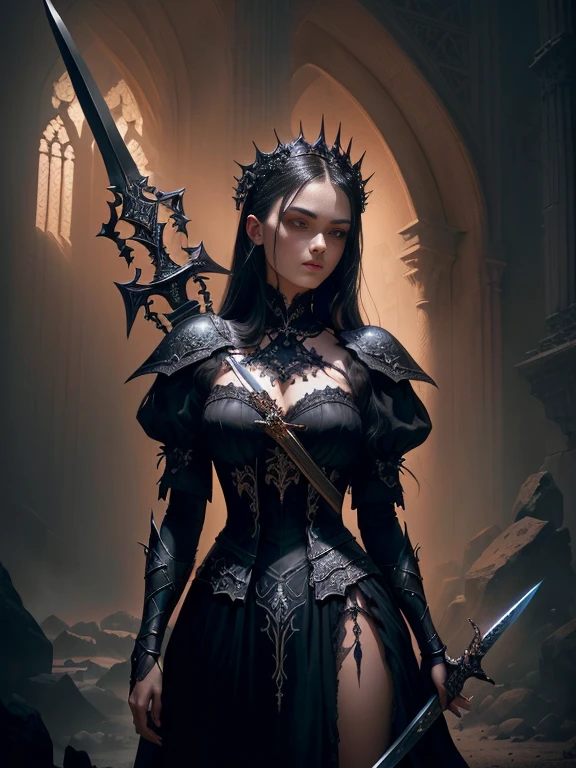 Close-up of a woman in a dress holding a sword, Horrific morphology、dark Fantasy style art, gothic fantasy art, Dark Fantasy Art, in style of Dark Fantasy Art, Fantasy style art, Dark Fantasy Artwork, Dark fantasy horror art, 4k fantasy art, Fantasy Dark Art, Epic fantasy digital art style, fantasy victorian art, epic fantasy art portrait