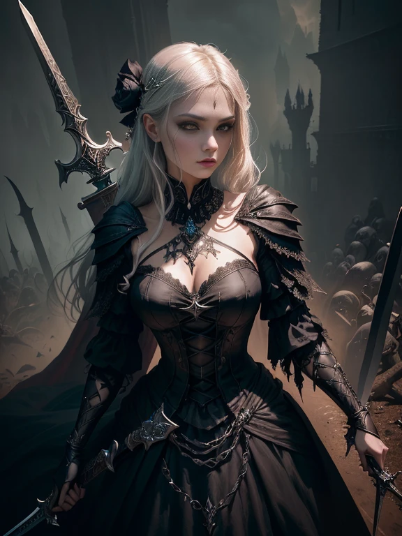 Close-up of a woman in a dress holding a sword, Horrific morphology、dark Fantasy style art, gothic fantasy art, Dark Fantasy Art, in style of Dark Fantasy Art, Fantasy style art, Dark Fantasy Artwork, Dark fantasy horror art, 4k fantasy art, Fantasy Dark Art, Epic fantasy digital art style, fantasy victorian art, epic fantasy art portrait