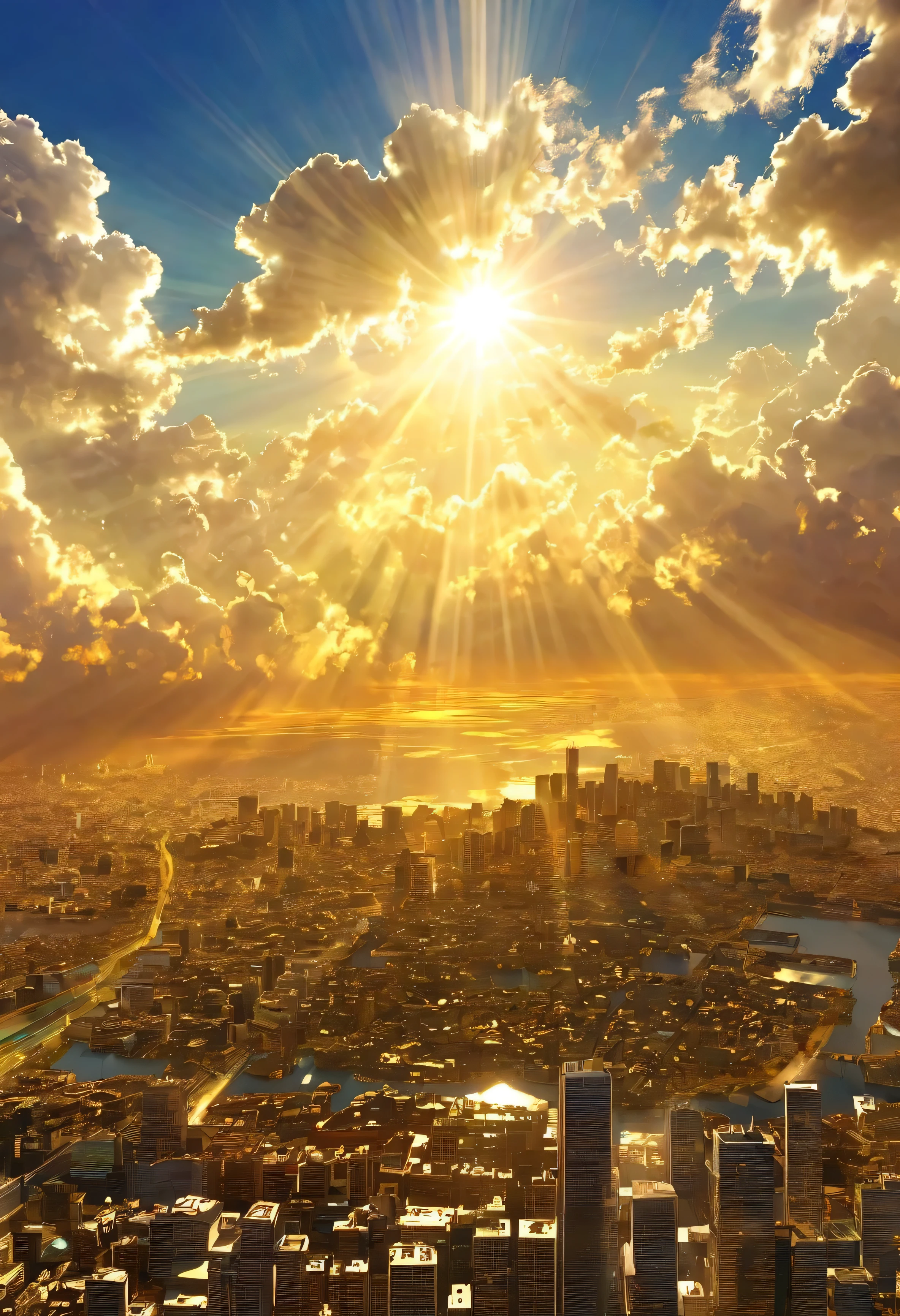 A mystical city rising into the sky、Digital Art, The clouds clear and the shining sun appears, On Ascension Day，Golden Sun、Cities in the sky、god々Utopia of、There is one relic。