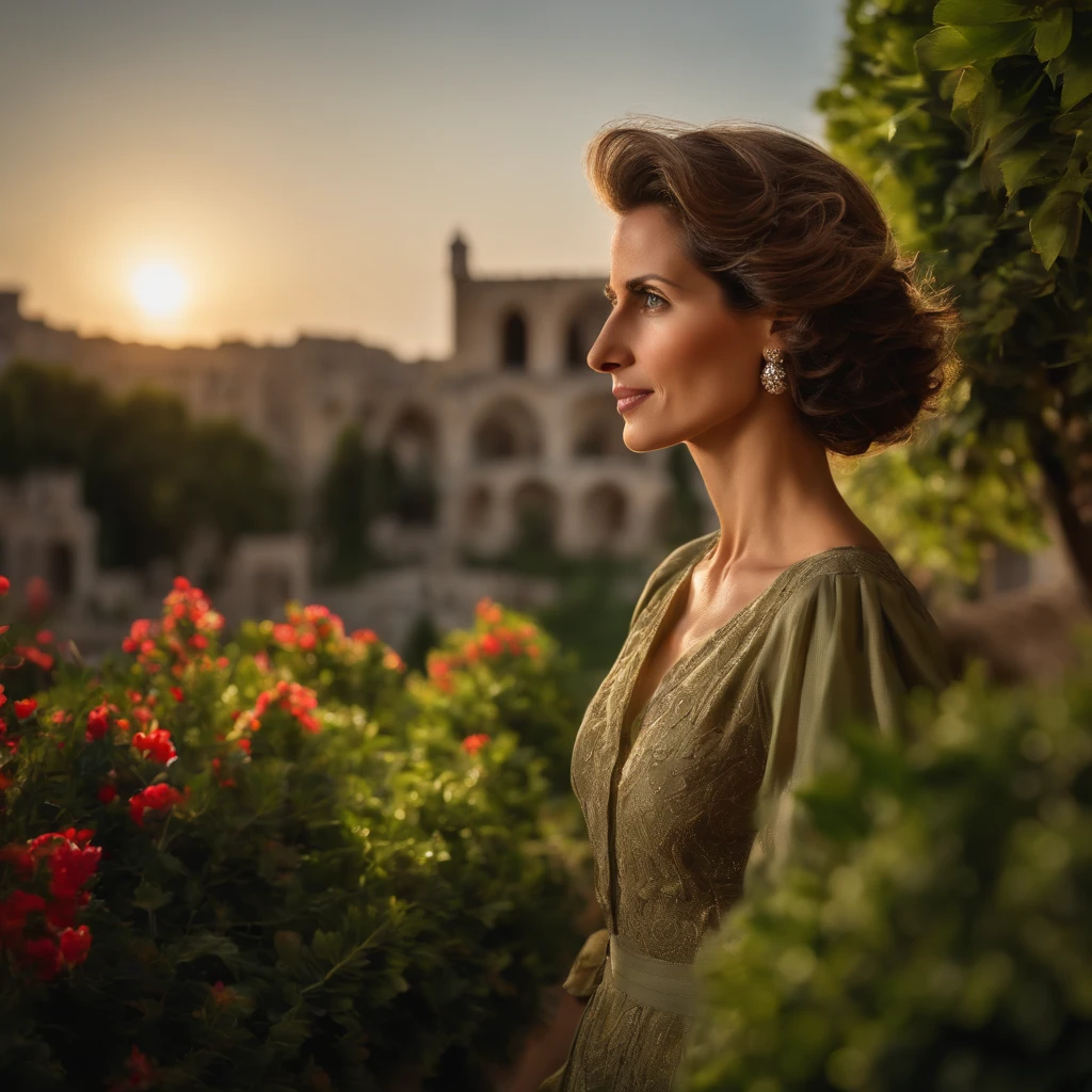 (best quality,4k,8k,highres,masterpiece:1.2),realistic,ultra-detailed,portrait,Asma al-Assad walking in Aleppo,beautiful detailed eyes,beautiful detailed lips,long eyelashes,dark hair,brown eyes,confident expression,elegant dress,casual walk,admiring the surrounding beauty,lush green gardens,blooming flowers,sunlit scenery,historical architecture,timeless beauty,soft sunlight,gentle breeze,vibrant colors,peaceful atmosphere,vivid colors,professional photography,high contrast,grain-free image,studio lighting