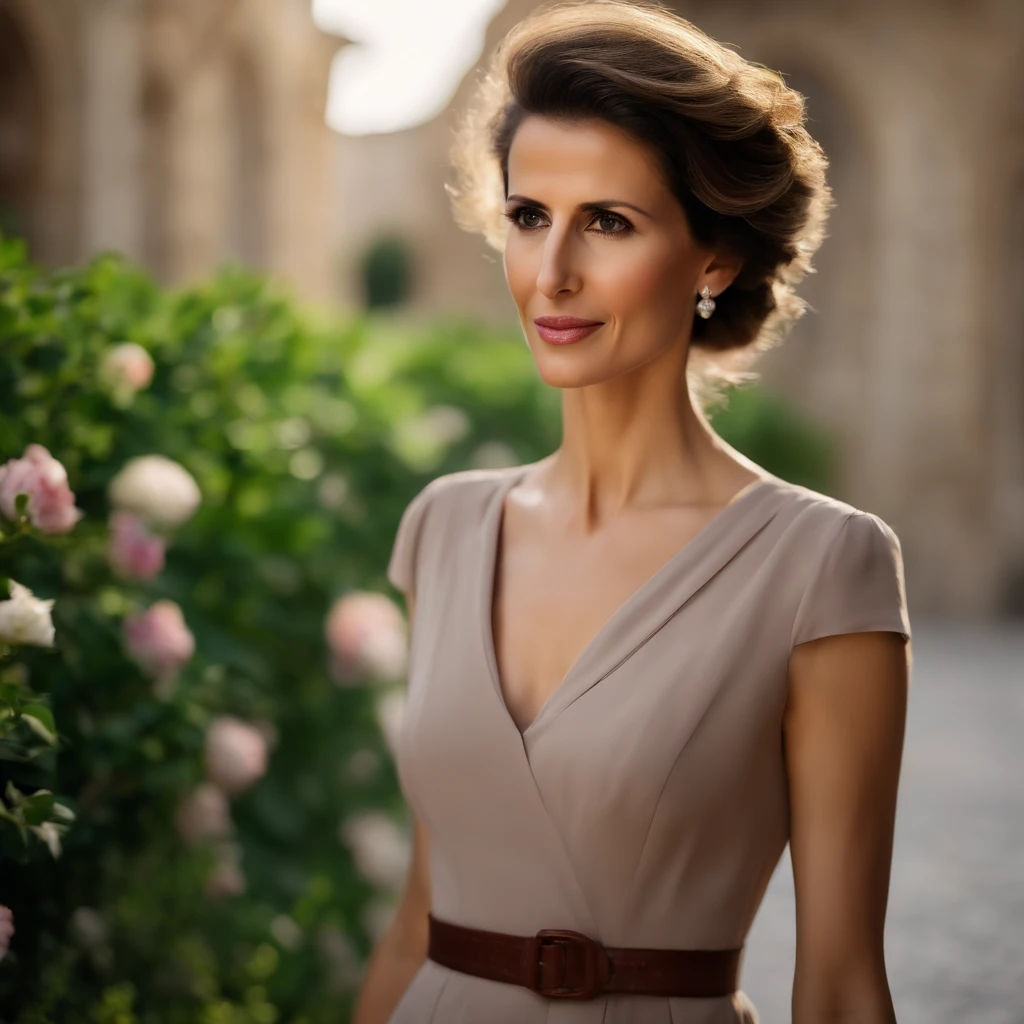 (best quality,4k,8k,highres,masterpiece:1.2),realistic,ultra-detailed,portrait,Asma al-Assad walking in Aleppo,beautiful detailed eyes,beautiful detailed lips,long eyelashes,dark hair,brown eyes,confident expression,elegant dress,casual walk,admiring the surrounding beauty,lush green gardens,blooming flowers,sunlit scenery,historical architecture,timeless beauty,soft sunlight,gentle breeze,vibrant colors,peaceful atmosphere,vivid colors,professional photography,high contrast,grain-free image,studio lighting