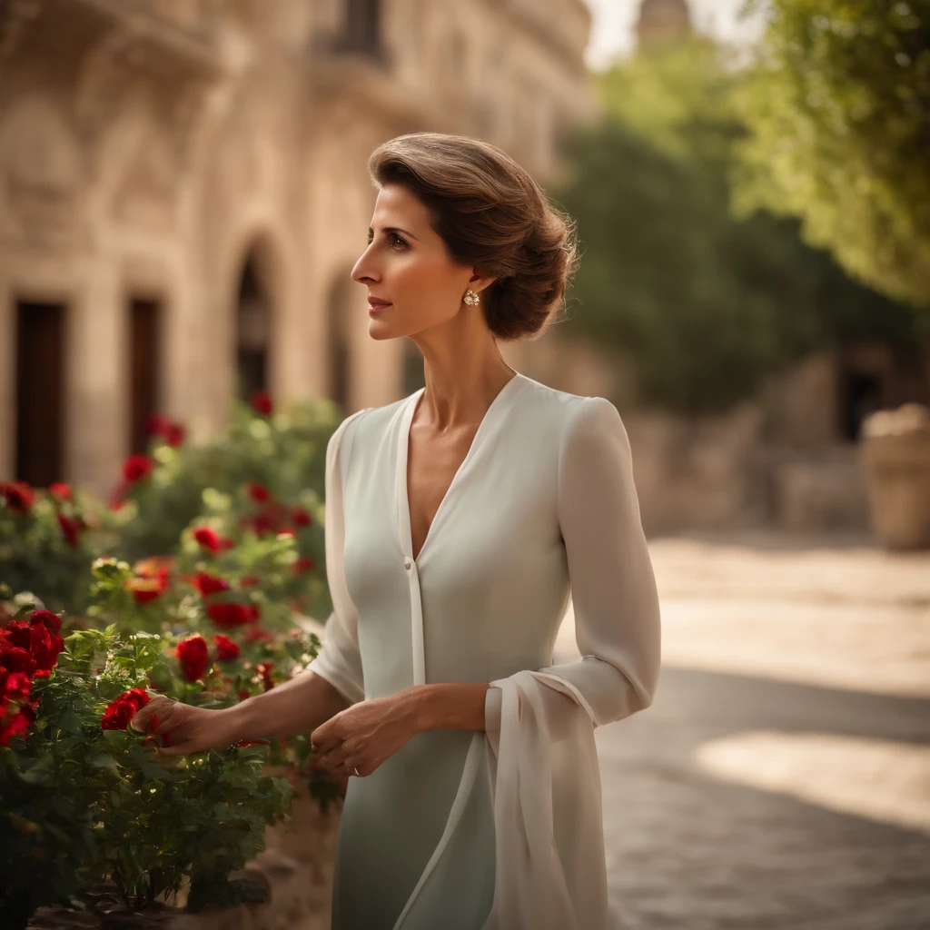 (best quality,4k,8k,highres,masterpiece:1.2),realistic,ultra-detailed,portrait,Asma al-Assad walking in Aleppo,beautiful detailed eyes,beautiful detailed lips,long eyelashes,dark hair,brown eyes,confident expression,elegant dress,casual walk,admiring the surrounding beauty,lush green gardens,blooming flowers,sunlit scenery,historical architecture,timeless beauty,soft sunlight,gentle breeze,vibrant colors,peaceful atmosphere,vivid colors,professional photography,high contrast,grain-free image,studio lighting