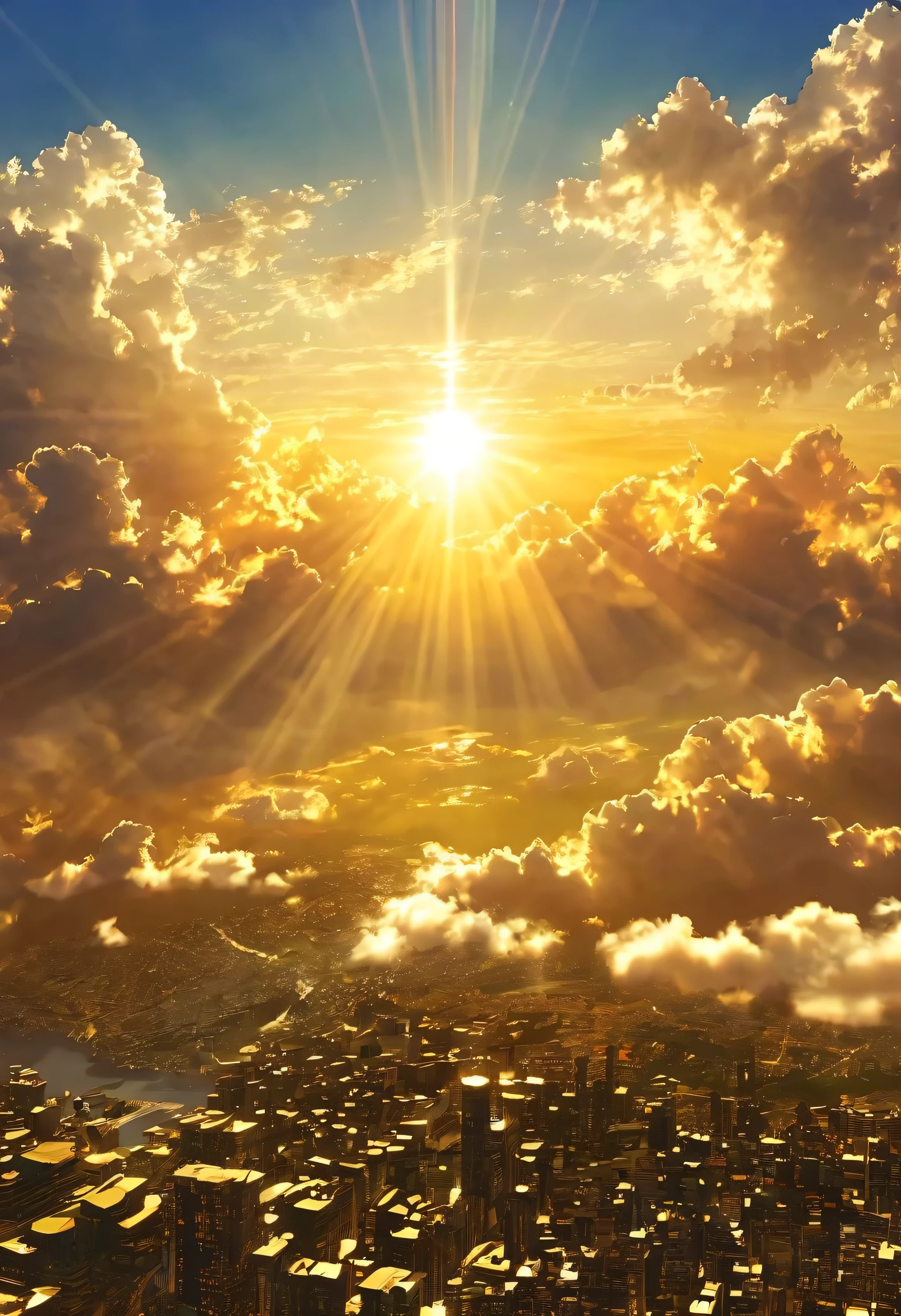 A mystical city rising into the sky、Digital Art, The clouds clear and the shining sun appears, On Ascension Day，Golden Sun、Cities in the sky、god々Utopia of、There is one relic。