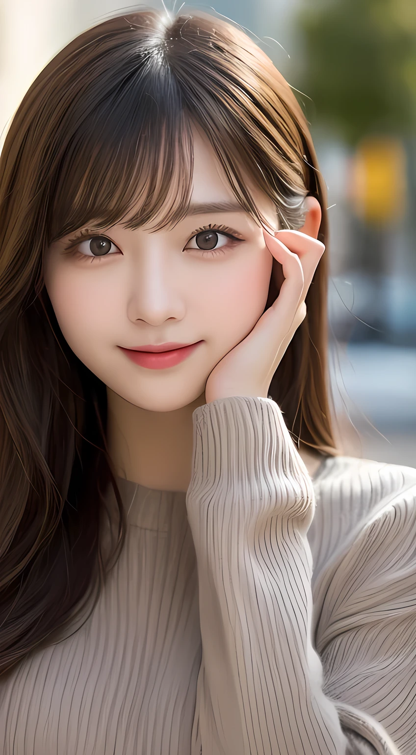 Tabletop, highest quality, shape, Very detailed, finely, High resolution, 8k wallpaper, Perfect dynamic shape, Finely beautiful eyes, Elegant and gorgeous winter clothes,ponytail,Small Breasts Natural Color Lip, Bold sexy pose,smile,Harajuku、20-year-old girl、cute、sexy shot looking at camera、 (Get closer to the face, Make your face bigger, Face Focus:1.0), break, (masterpiece, highest quality, Very detailed, Detailed face, 8k)