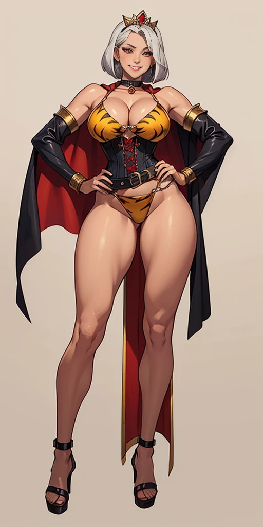 yellow eyes, blonde hair, short hair, blue ribbon, large breasts, detached sleeves, very white background, royal tiara, long cape, yellow tiger bikini, high heels, hands on hips. red tattoo on belly, full body female milf, lustful smirking smile face (red blush)
