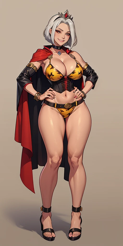 ((Masterpiece plain background,1:2, masterpiece)) full body MILF BIMBO standing with two long yellow tiger print stockings thighs and two high heels, red eyes, silver white hair, short bob style hair, big breasts, cleavage, separate sleeves yellow tiger print, tiara royal, long cape up to two feet, yellow tiger bikini print, hands on waist, navel, lustful smirking smiling, smile face (red blushed, red cheeks) metal shoulders, armbands, black leather choker slave collar, shackle bracelets, slave red crest, full body MILF BIMBO standing with two long thighs and two metal sandals, red eyes, silver white hair, short bob hair, big knockers, cleavage, separate sleeves, tiara royal, long cape up to two feet, yellow bikini, hands on hips, metal shoulders, armbands, black leather choker collar, shackles bracelets, slave red crest, pauldrons, breastplate, leather corset, full body, whole body, 1solo, loincloth standing, hands on hips, metal sandals, choker, big belt, view from below, feet together, bracers, tiara, standing contrapposto straight symmetrical looking to viewer