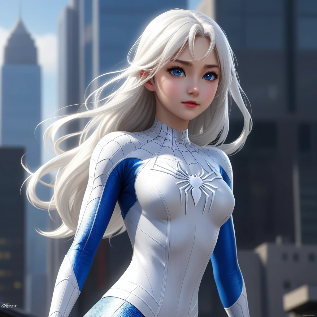 Very detailed,(Highest quality),((masterpiece)),(High resolution),original,Very detailed 8k 壁紙,(Very delicate and beautiful),Highest_hand,anime,One girl, alone,Long white hair, White costume superhero theme, Wearing a white Spiderman costume, Super Heroine, whole body, blue eyes, Spiderman&#39;s Dynamic Pose