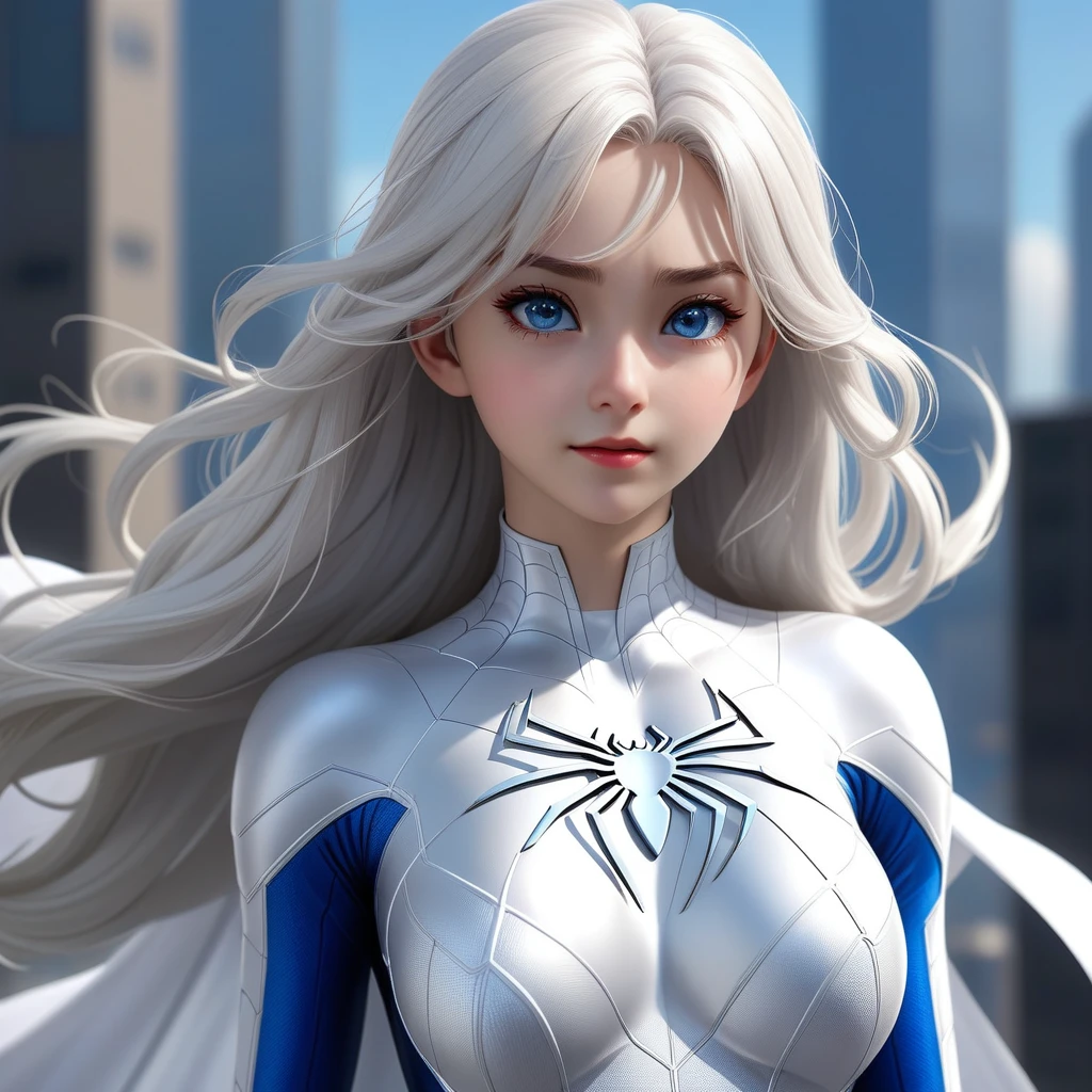 Very detailed,(Highest quality),((masterpiece)),(High resolution),original,Very detailed 8k 壁紙,(Very delicate and beautiful),Highest_hand,anime,One girl, alone,Long white hair, White costume superhero theme, Wearing a white Spiderman costume, Super Heroine, whole body, blue eyes, Spiderman&#39;s Dynamic Pose