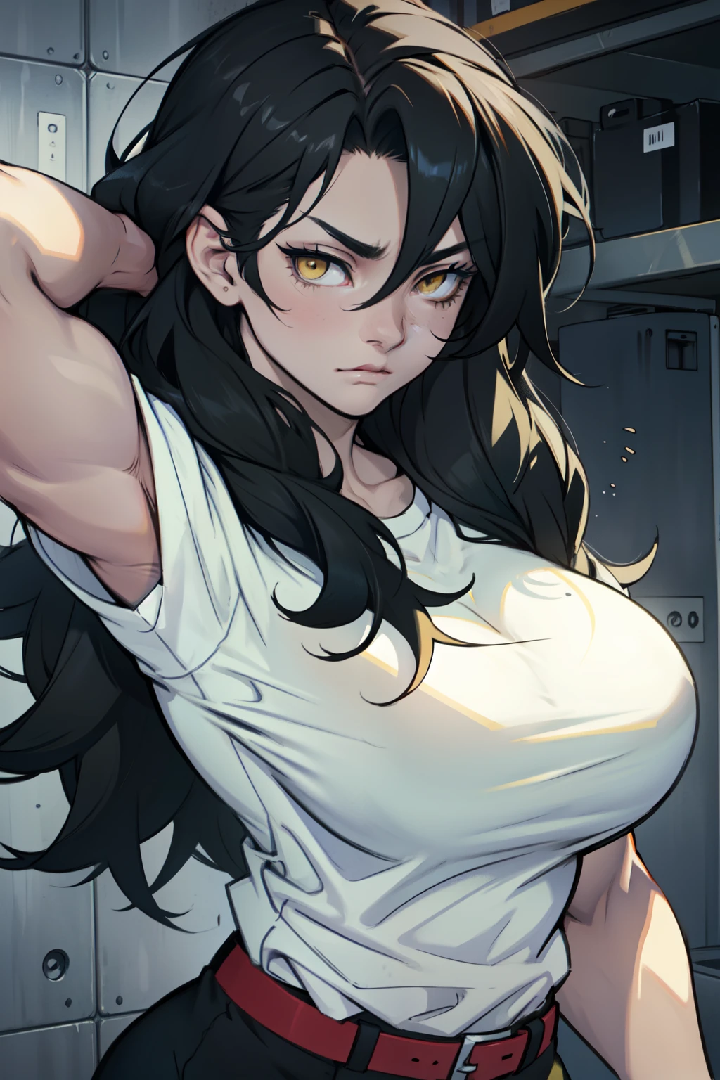 huge muscles girl huge breasts toned body black hair yellow eyes pale skin wavy hair messy hair hair between eyes tight shirt expressionless sad