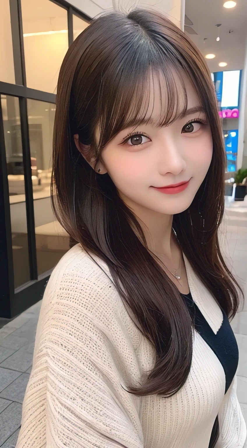 Tabletop, highest quality, shape, Very detailed, finely, High resolution, 8k wallpaper, Perfect dynamic shape, Finely beautiful eyes, Elegant and gorgeous winter clothes,ponytail,Small Breasts Natural Color Lip, Bold sexy pose,smile,Harajuku、20-year-old girl、cute、sexy shot looking at camera、 (Get closer to the face, Make your face bigger, Face Focus:1.0), break, (masterpiece, highest quality, Very detailed, Detailed face, 8k)