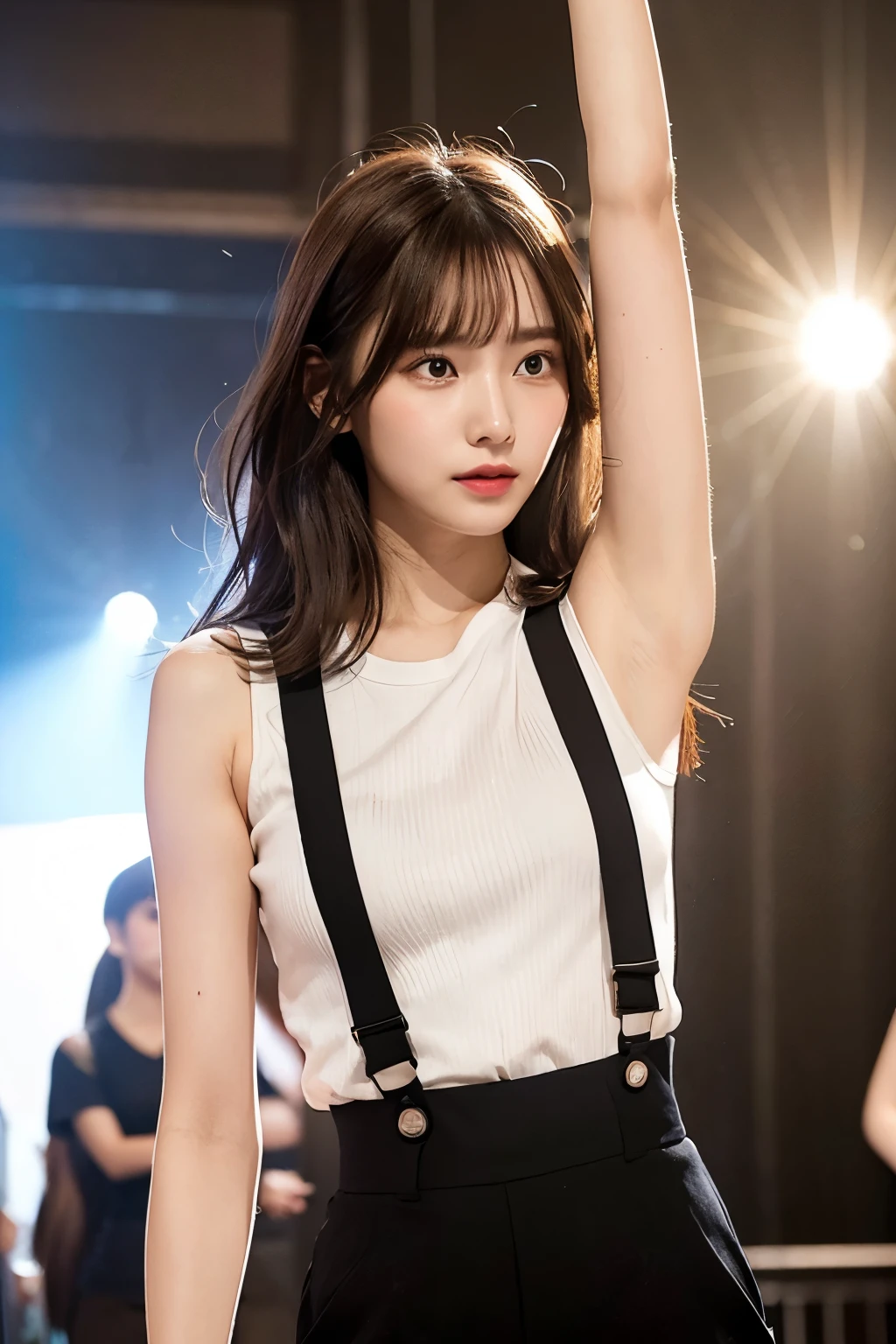 masterpiece、Flat Color、Depth of written boundary、Lens Flare 1 Girl、、Brown Hair、Staring at the audience　　　　internal　Black suspenders　　　Ample breasts　　　 　 Armpit sweat　sweating　Sides of both hands　　wall: 　Black trousers, 　sight　　　Small face　bangs over eyes　Aside Cutter Shirt、Smooth Skin