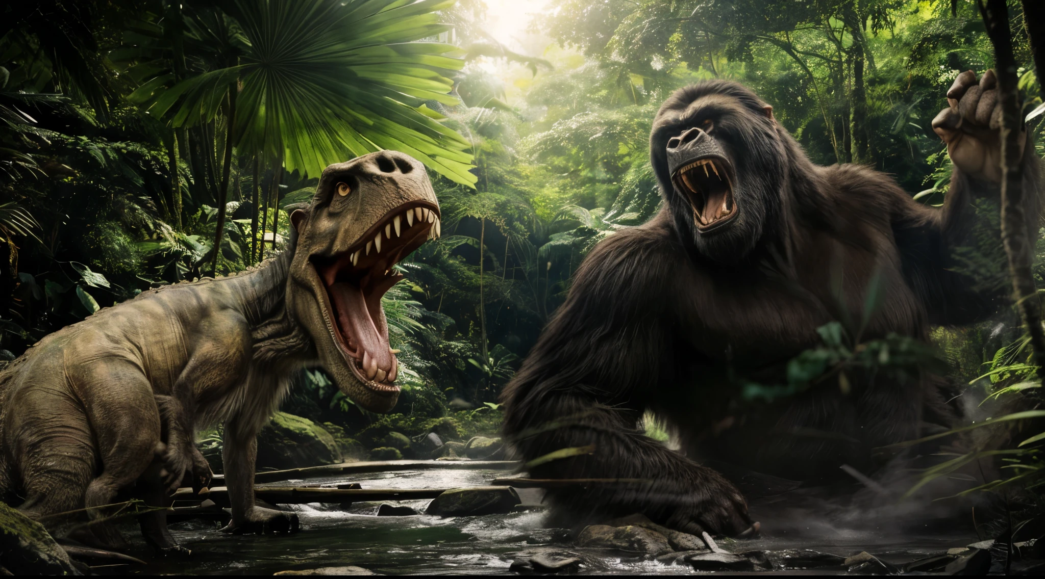 (Best picture quality)(Very detailed)(Best picture quality) CG scene rendering,Film texture,masterpiece,National Geographic Photography,((King Kong and dinosaurs fighting)) (Roaring and fighting in the dense jungle),(Fierce confrontation)Dynamic Background,Dawn light,majesty,光线透过树叶照射 Very detailed的CG统一8k壁纸,masterpiece,Best quality:1.1,actual:1.3,Film Lighting:1.2,Ultra-realistic,actual照片:1.0,Sharp focus:1.1,Depth of Field:1.1,50