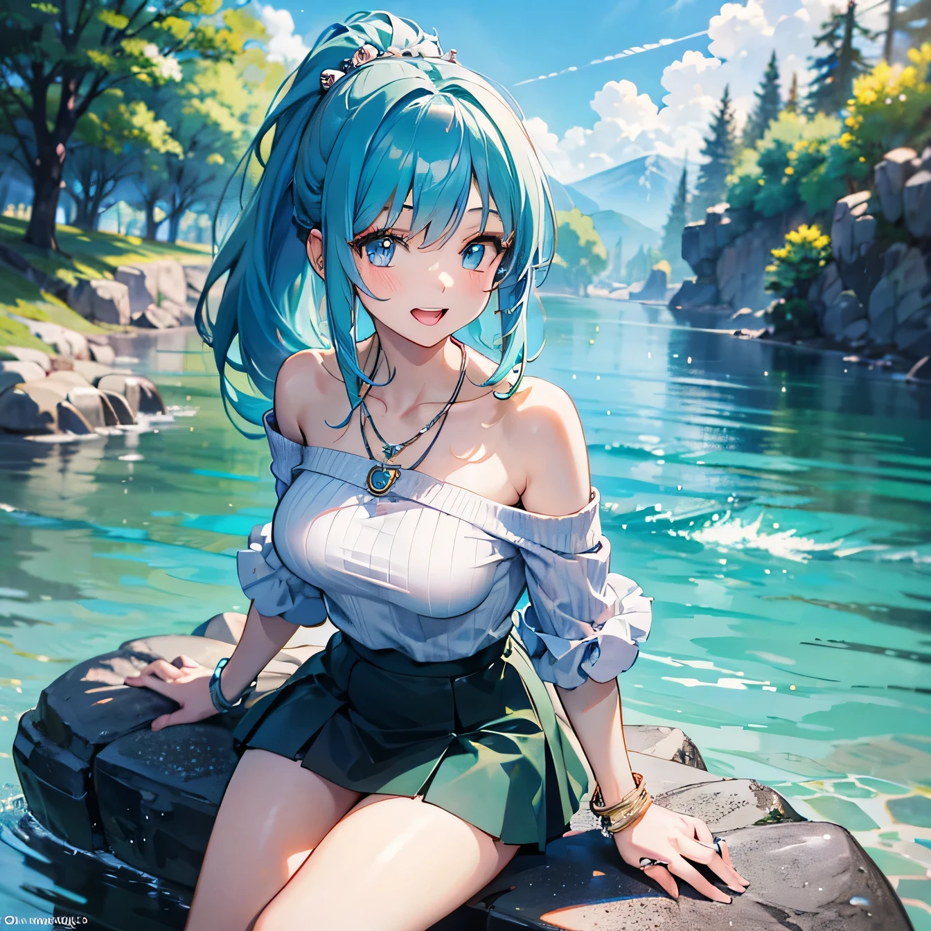 Anime Moe Art Style,highest quality,High resolution,Anatomically correct,One Girl,Mid-teens,A girl with light blue hair in a ponytail,Super detailed,Fantasy World,Girlish fashion,Big Breasts,A rich expression,A big smile,Lake with a waterfall,Sitting on a rock,Eyes drawn in detail,hair ornaments,necklace,bracelet,ring,8K