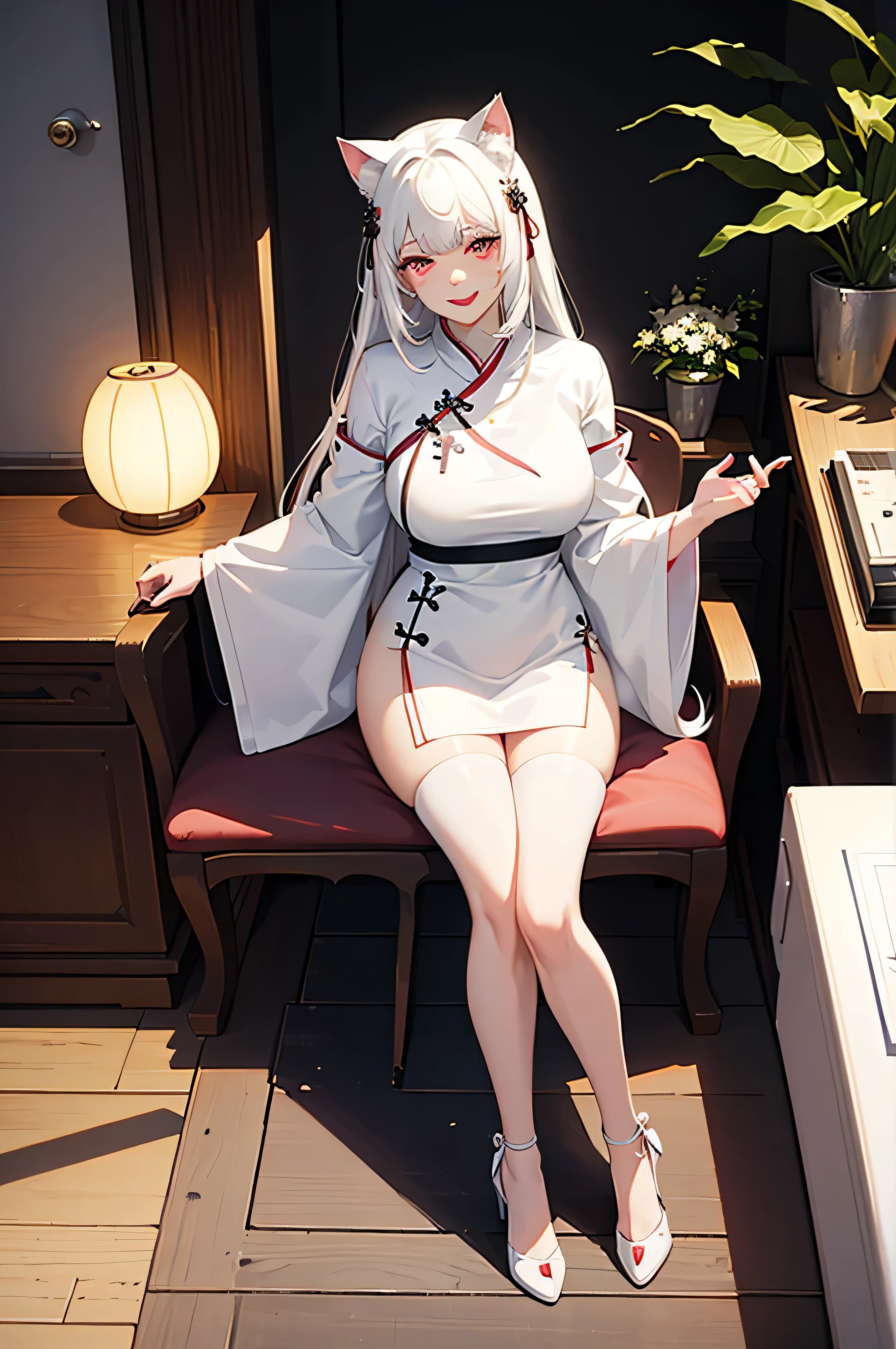 white hair, bangs, blunt bangs, cat hair ornament, mole under eye, cat ears, red lips, doyagao, smiley, seductive smile, anime style, anime, ray tracing, drop shadow, from outside, perspective, best quality,A beautiful girl sitting on a chair,Holding a fan in his hand,Huge ,Wearing a white cheongsam,Top view,You can see the whole body,Center the character,High heels on the feet