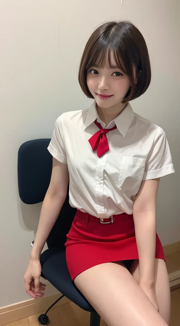 In detail,Full body photo、 High resolution, high quality、Perfect dynamic composition, Beautiful fine details, Blonde、Bobcut、Natural color lip,Kamimei、-yeld gi1 person、Clear Skin、Red tie、White shirt、Red mini skirt、Navy blue sneakers、Thighs、Shiny Hair、最high quality, figure, Very detailed, In detail, High resolution, 8k、The correct state of the human body、Sitting in a chair、Sculpture model pose，Pink wall、smile、sexy