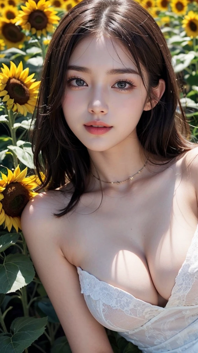 Top-quality Realistic,Official art,Highly detailed CG Unity 8k wallpaper,ultra-detailliert,hight resolution,Physically-based rendering,Magnificat,finely detail,masterpiece,Best Quality,ultra detailed,Mature beauty,Beautiful women,1girl,moist lips,sexy lips,Sexy smile,Gentle smile, 20 years old, Beautiful bare skin,Smooth bare skin, big well-shaped breasts, beautiful cleavage,beautiful Mature body,swept bangs,(Medium hair:1.3), beautiful detailed eyes,model shoot style,Japanese Idol,Full-body,((Sunflower blooming field)),BREAK, ((Full nude)),naked,Delicately expressed eyes,cute smile,((lying on Sunflower field)),Look up sky,((lie on own side)),shoot from above, ((Extreme close-up)),