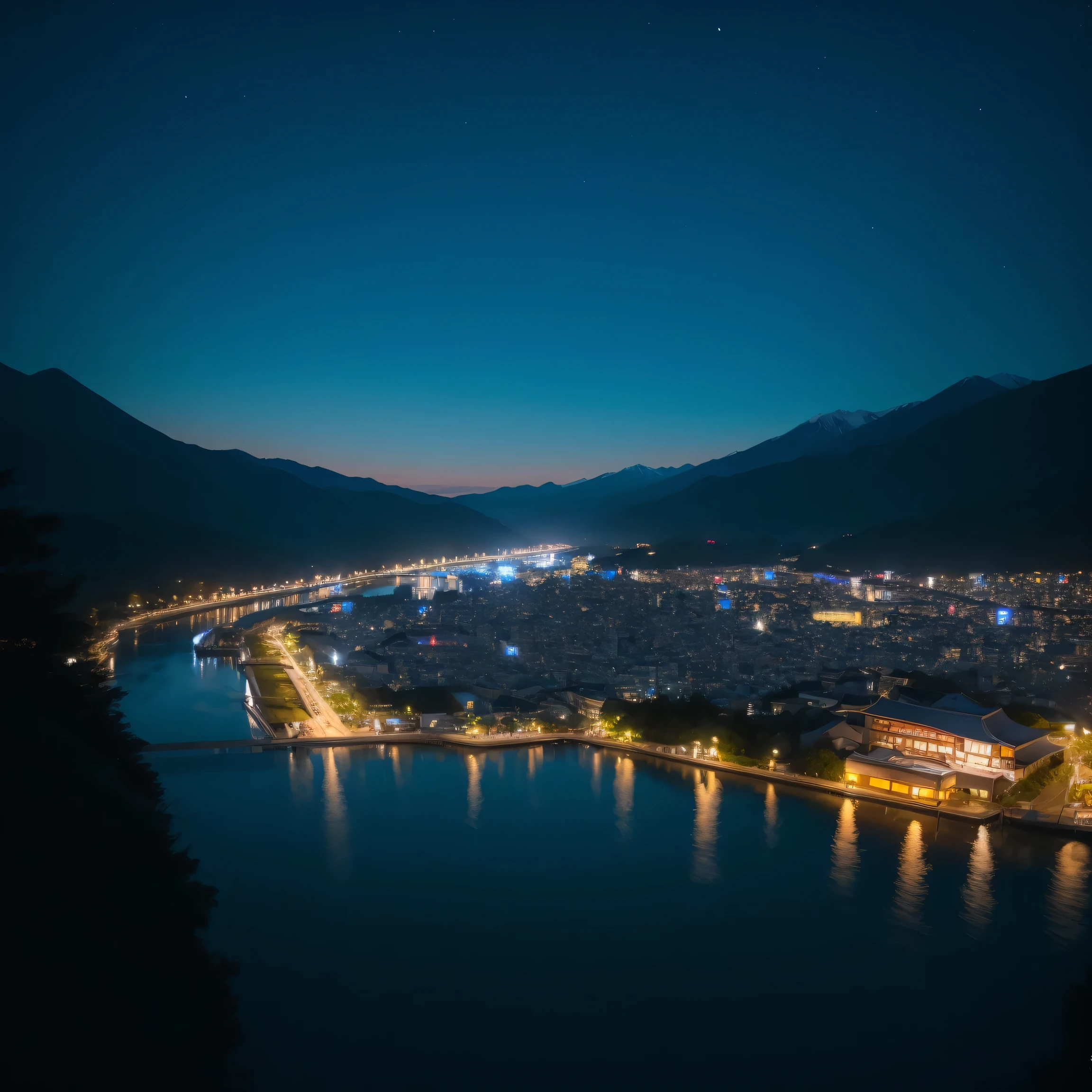 Japan、hot spring、hostel、night、night scene、river、Mountain、masterpiece、highest quality、Attention to detail、8k、Wide-angle shot、Sharpness