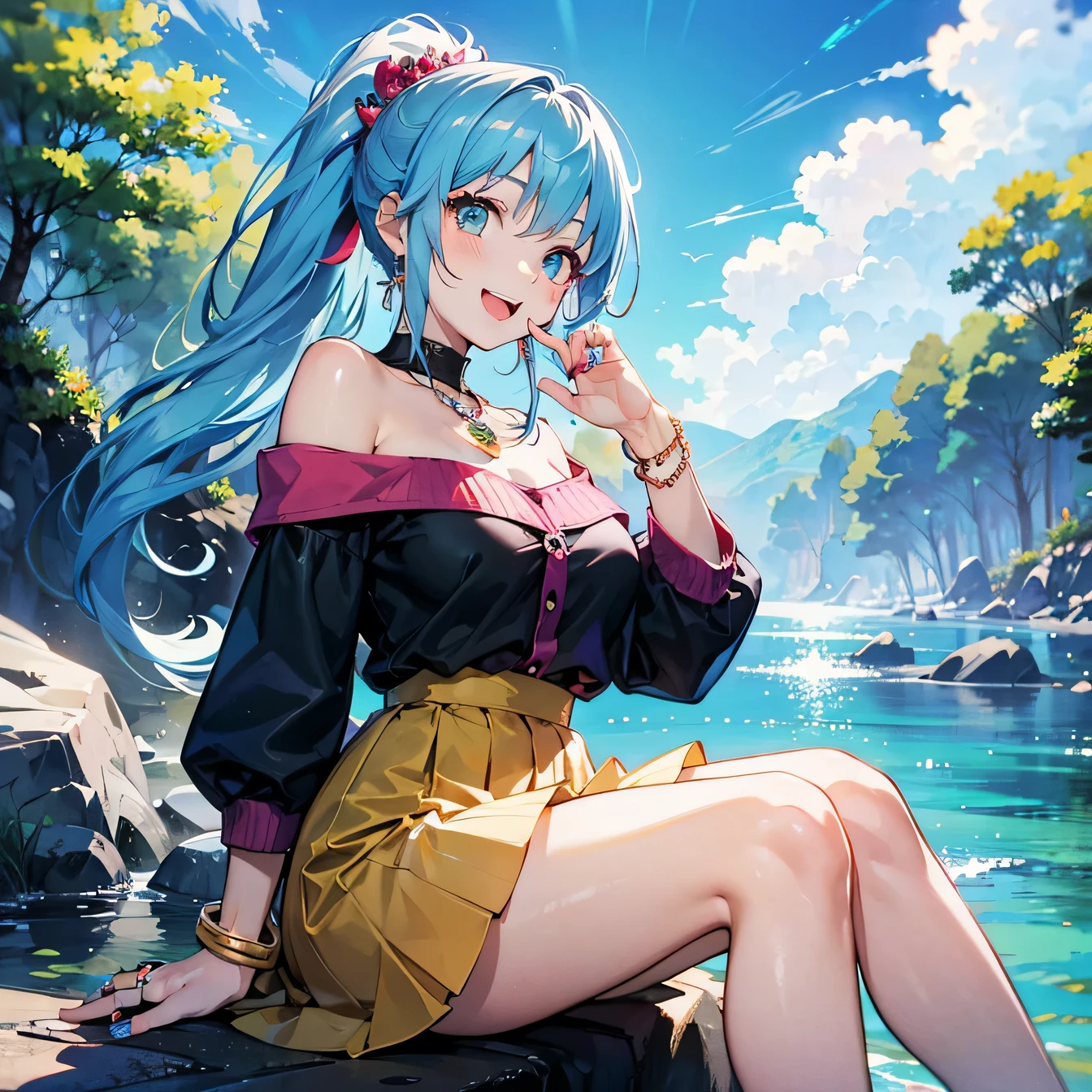 Anime Moe Art Style,Highest quality,High resolution,Anatomically correct,One Girl,Mid-s,A girl with light blue hair in a ponytail,Super detailed,Fantasy World,Off-the-shoulder tops,mini skirt,Big Breasts,Shiny skin,Beautiful skin, both eyes closed,Sleeping,On top of the mountain,Leaning against a rock,hair ornaments,necklace,bracelet,8K