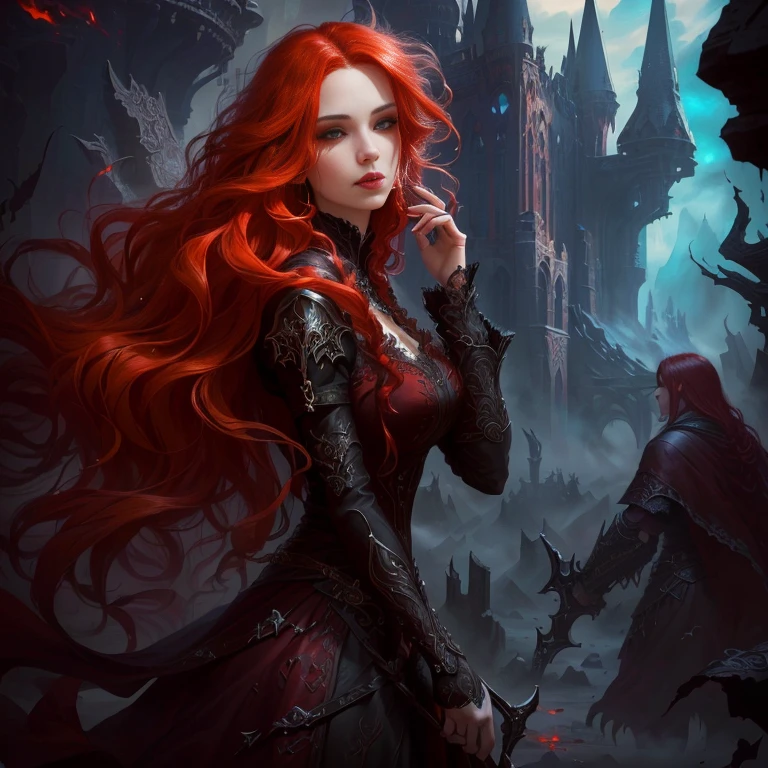 Close-up of a woman with long red hair in a dress, dark Fantasy style art, gothic fantasy art, Fantasy style art, Fantasy art style, epic Fantasy style art, epic Fantasy art style, Fantasy Art Behance, 4k fantasy art, Dark Fantasy Art, fantasy victorian art, Detailed fantasy art, Epic fantasy digital art style, epic Fantasy art style hd