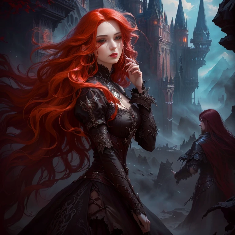 Close-up of a woman with long red hair in a dress, dark Fantasy style art, gothic fantasy art, Fantasy style art, Fantasy art style, epic Fantasy style art, epic Fantasy art style, Fantasy Art Behance, 4k fantasy art, Dark Fantasy Art, fantasy victorian art, Detailed fantasy art, Epic fantasy digital art style, epic Fantasy art style hd