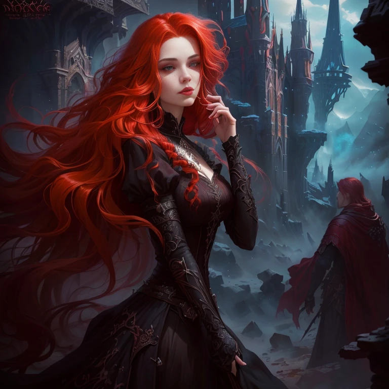 Close-up of a woman with long red hair in a dress, dark Fantasy style art, gothic fantasy art, Fantasy style art, Fantasy art style, epic Fantasy style art, epic Fantasy art style, Fantasy Art Behance, 4k fantasy art, Dark Fantasy Art, fantasy victorian art, Detailed fantasy art, Epic fantasy digital art style, epic Fantasy art style hd