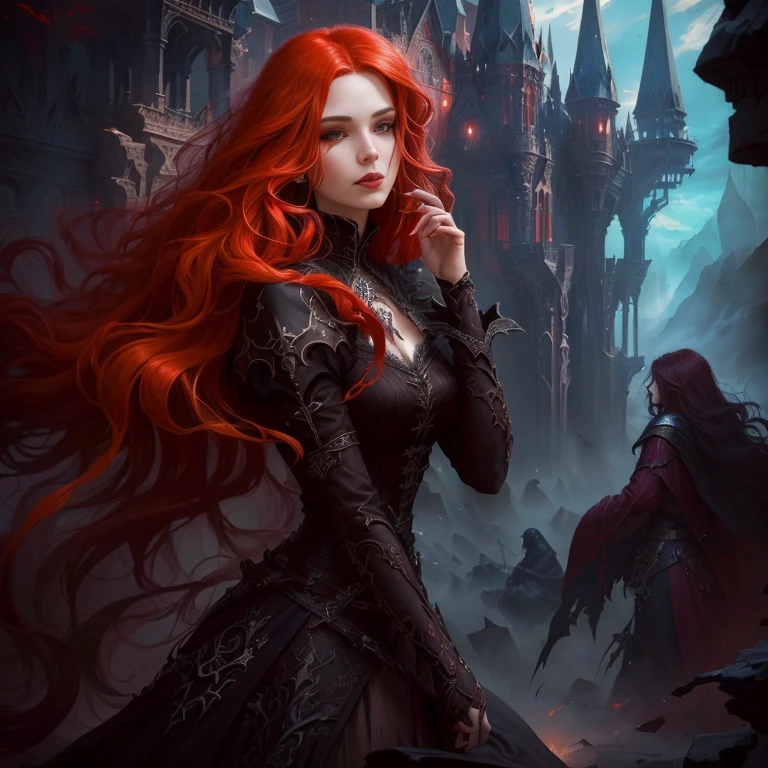 Close-up of a woman with long red hair in a dress, dark Fantasy style art, gothic fantasy art, Fantasy style art, Fantasy art style, epic Fantasy style art, epic Fantasy art style, Fantasy Art Behance, 4k fantasy art, Dark Fantasy Art, fantasy victorian art, Detailed fantasy art, Epic fantasy digital art style, epic Fantasy art style hd