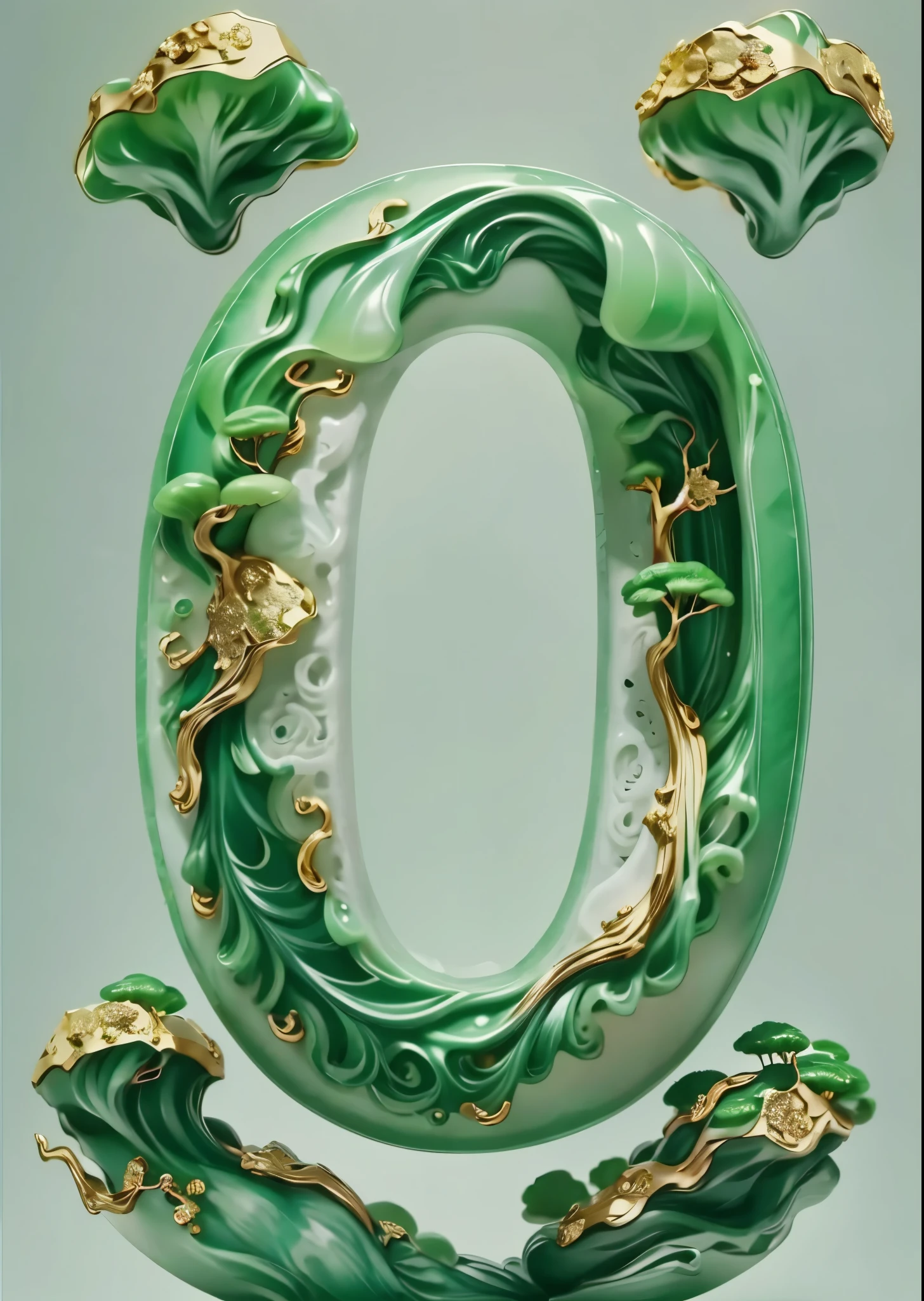 number "0" is made of jade, gold edges and green trees, golden texture, dimensional, features a rendering, reminiscent of c4d, paintings, Chinese landscape, masterpiece, best quality, super detail, UHD, masterpiece, high quality, highres, best quality, 16k