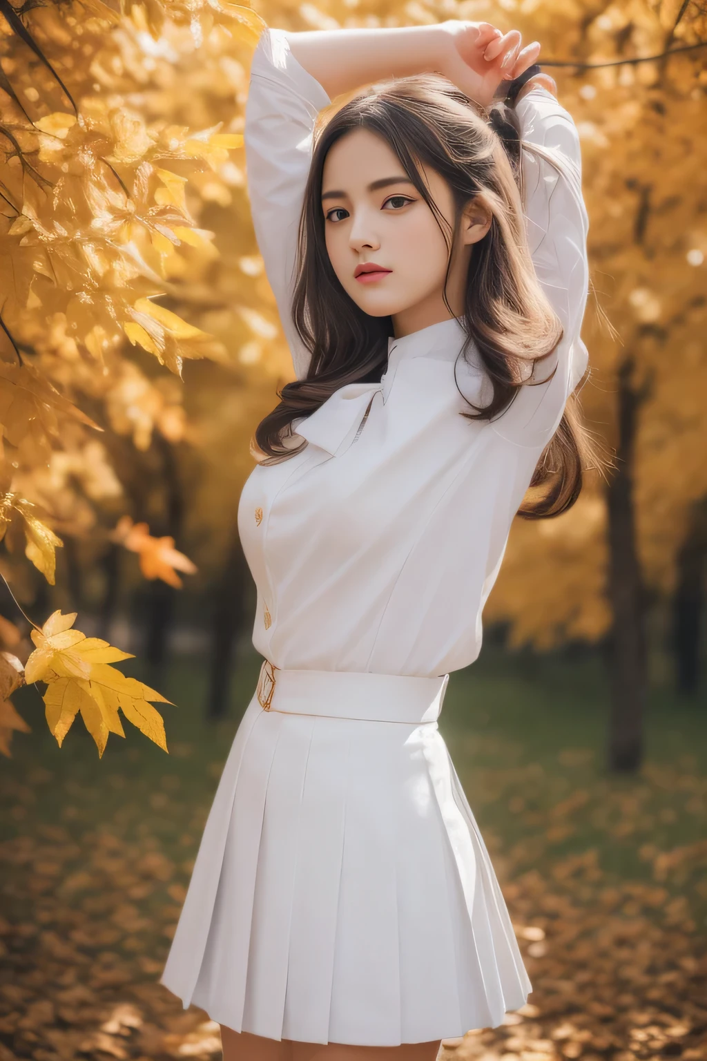 (RAW Photos:1.2), (Realistic:1.10),((One Girl))、 Beautiful detailed girl, Very detailed目と顔, Beautiful and detailed, Beautiful body, Incredibly beautiful body, , (Very detailedな, High resolution, Very detailed, highest quality), ((Advanced Shooting)), Raising awareness,CG, Artistic photography,Emotionally rich, Great looks, In detail, (masterpiece, H、Very detailed CG uniform 8k wallpaper), Light on the face, Cinema Lighting、One Girl in、21 years old、(Huge breasts:1.12、Big Asovi Village、((Dynamic pose))、autumn、(More than half)、(Beautiful legs)