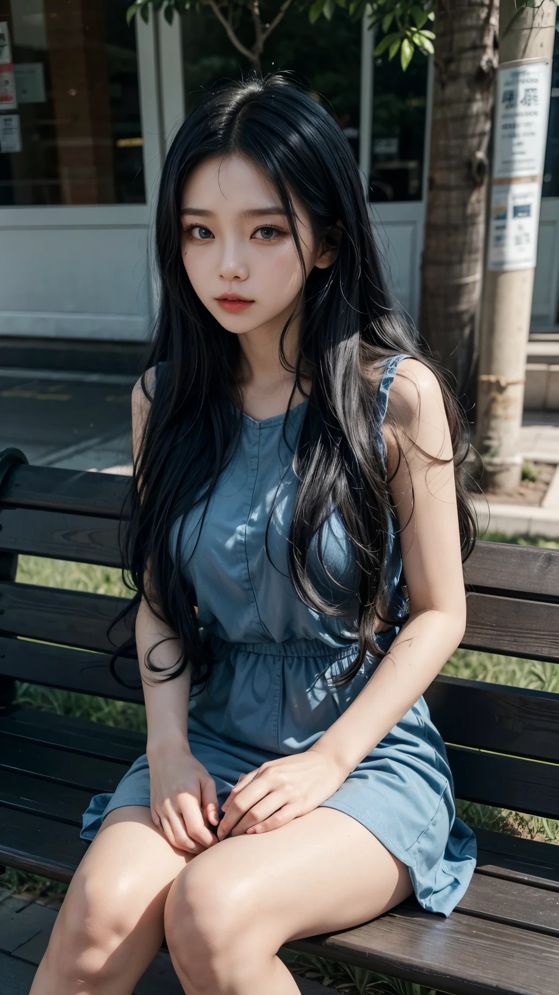 araffe with long black hair sitting on a bench in a blue dress, of taiwanese girl with tattoos, taejune kim, with long black hair, long thin black hair, by Ni Zan, long black hair, asian girl with long hair, sui ishida with black hair, long flowing black hair, black long hair, jiyun chae