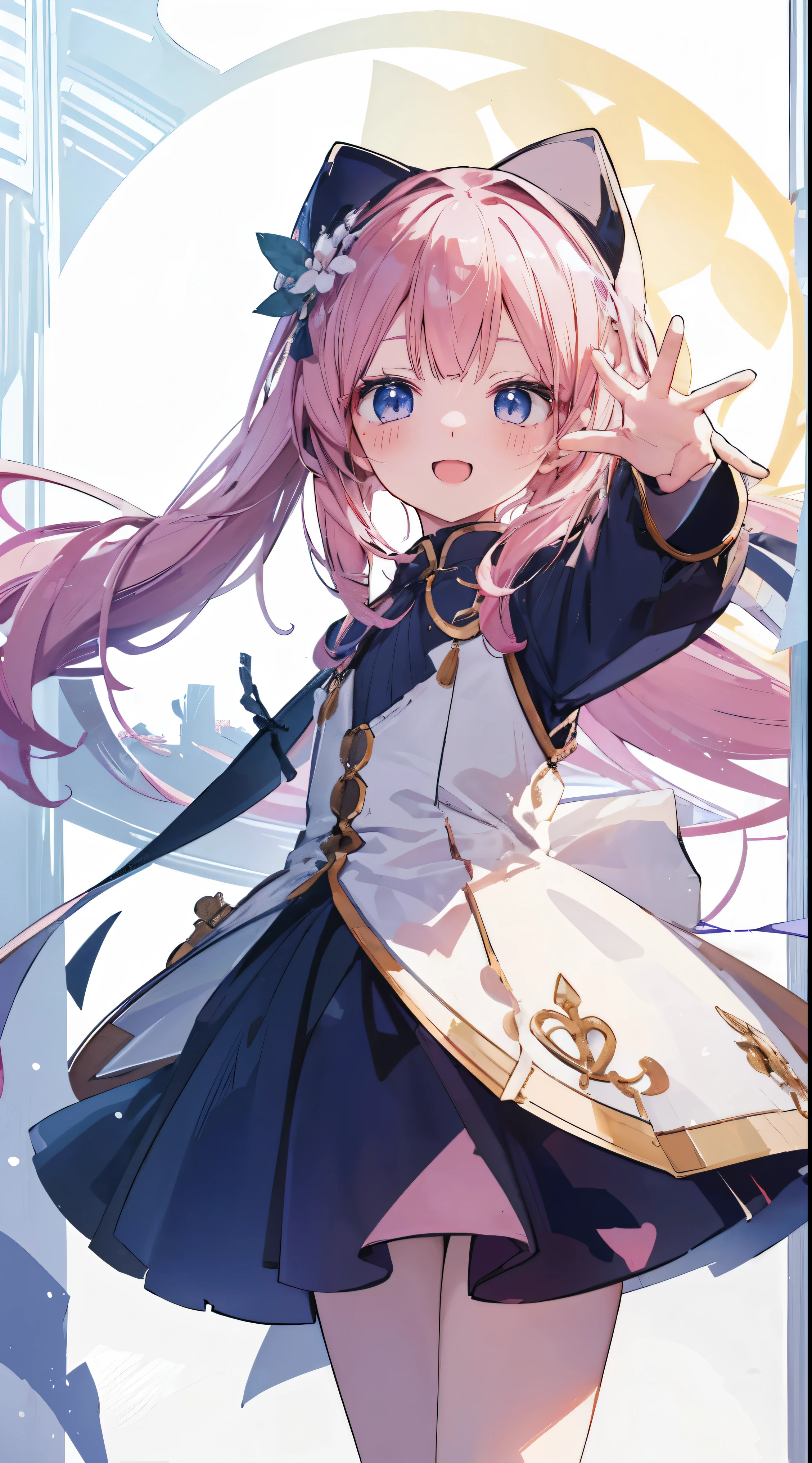 Masterpiece、Highest quality、highest quality、((((Petite))))、(Open Mouth Smile)、Shiny hair quality、Small face、Dynamic pose、Super detailed, beautiful, wide eyes、Ultra-detailed, clear and beautiful faces、(cute illustration:1.2), High-resolution, ultra-detailed, best quality, embarrassed、Thighs
