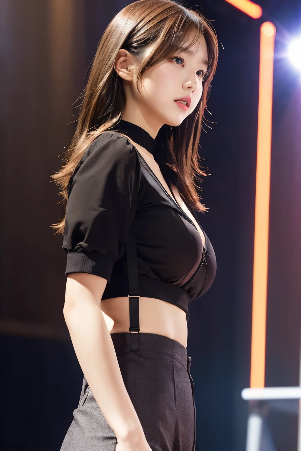masterpiece、Flat Color、Depth of written boundary、Lens Flare 1 Girl、、Brown Hair、Staring at the audience internal Black suspenders bulging big breasts 両手のside wall: Black trousers, sight Small face side Skirt garter belt Beautiful skin Smooth skin